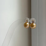 Elly’s 10.1mm Edison deep gold Pearls Earrings Studs: Extreme luster Mirrored, 1.4cm high, S925 silver cool earrings studs.