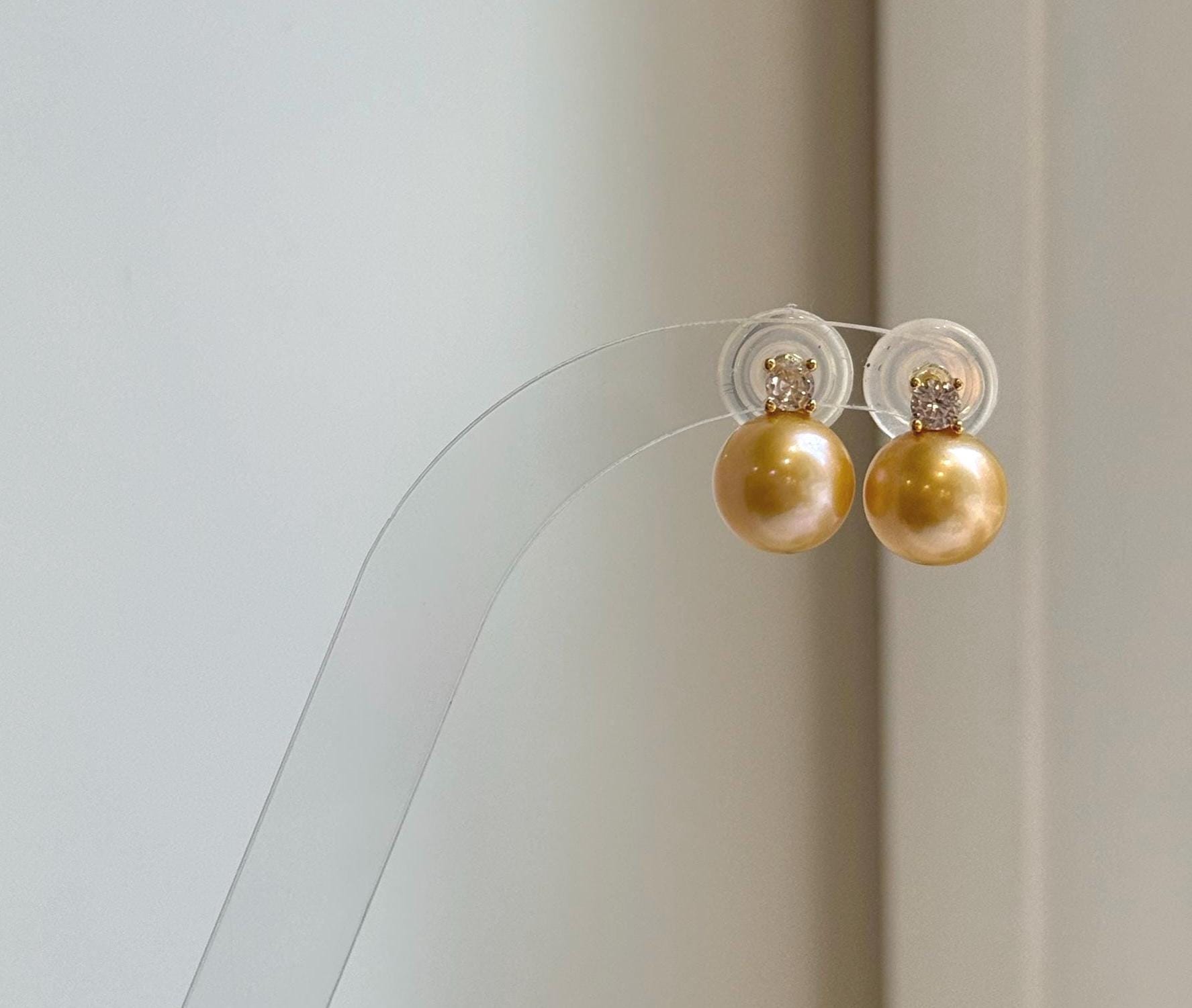 Elly’s 10.1mm Edison deep gold Pearls Earrings Studs: Extreme luster Mirrored, 1.4cm high, S925 silver cool earrings studs.