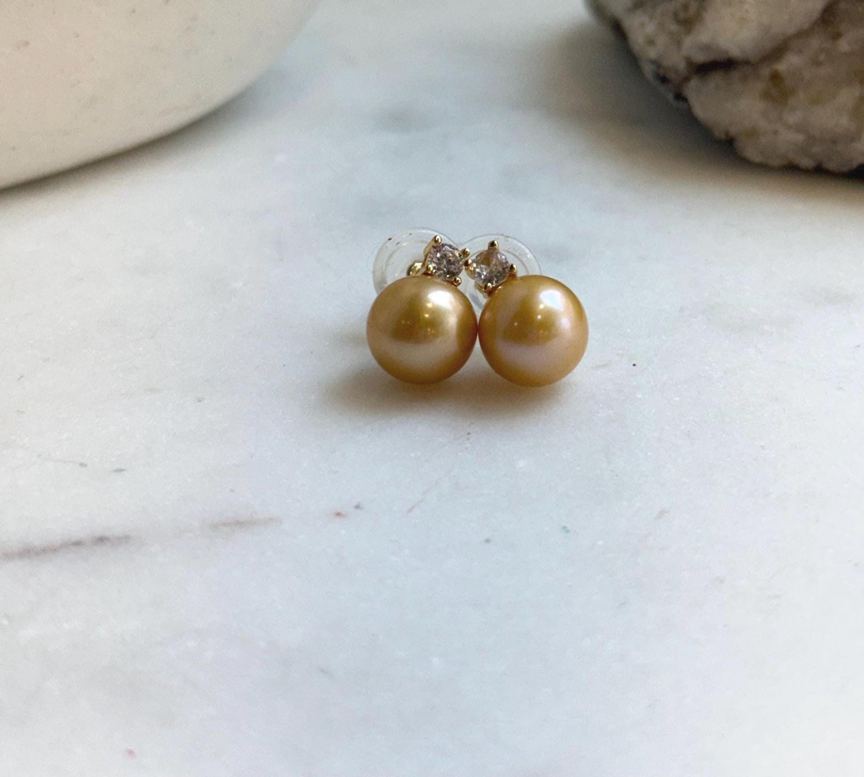 Elly’s 10.1mm Edison deep gold Pearls Earrings Studs: Extreme luster Mirrored, 1.4cm high, S925 silver cool earrings studs.