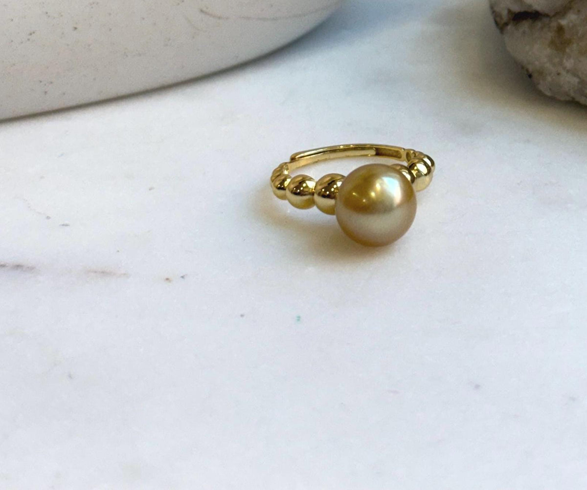 Elly’s 10mm South sea deep Tea gold ocean pearl Ring: Extreme luster, S925 silver with gold plated adjustable minimalist Ring. high quality golden pearl ring for her