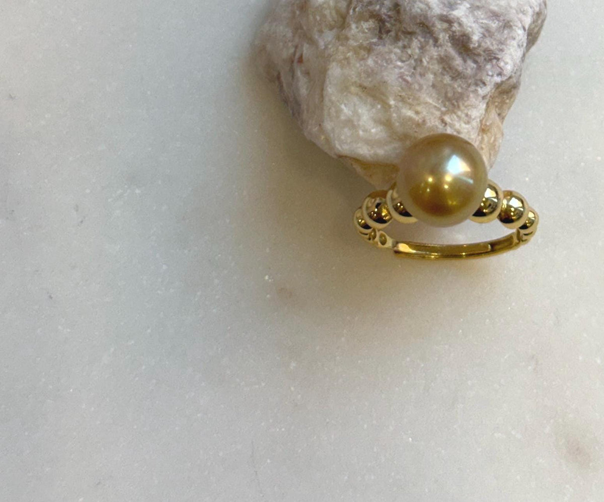 Elly’s 10mm South sea deep Tea gold ocean pearl Ring: Extreme luster, S925 silver with gold plated adjustable minimalist Ring. high quality golden pearl ring for her birthday