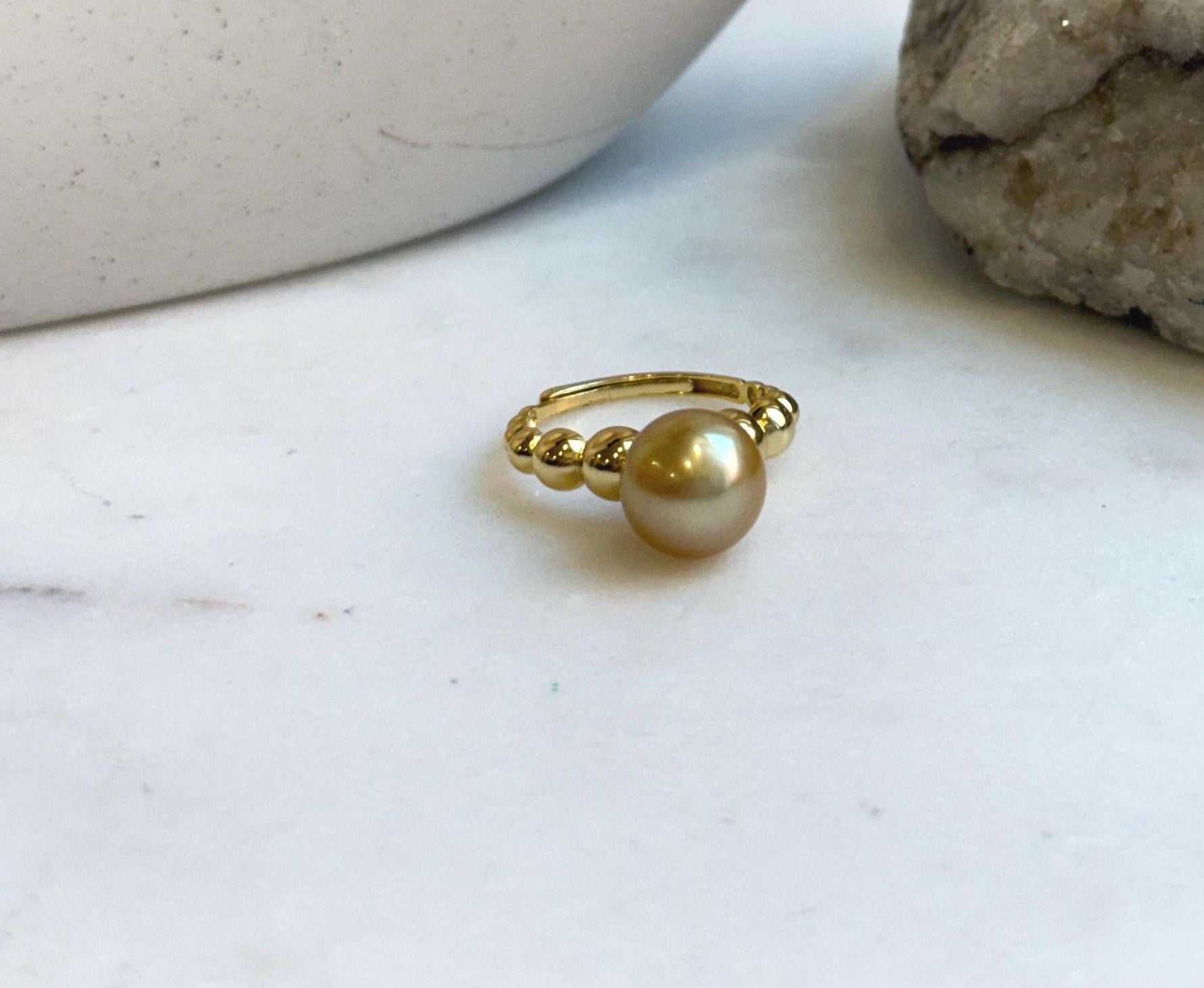 Elly’s 10mm South sea deep Tea gold ocean pearl Ring: Extreme luster, S925 silver with gold plated adjustable minimalist Ring. high quality golden pearl ring for her anniversary