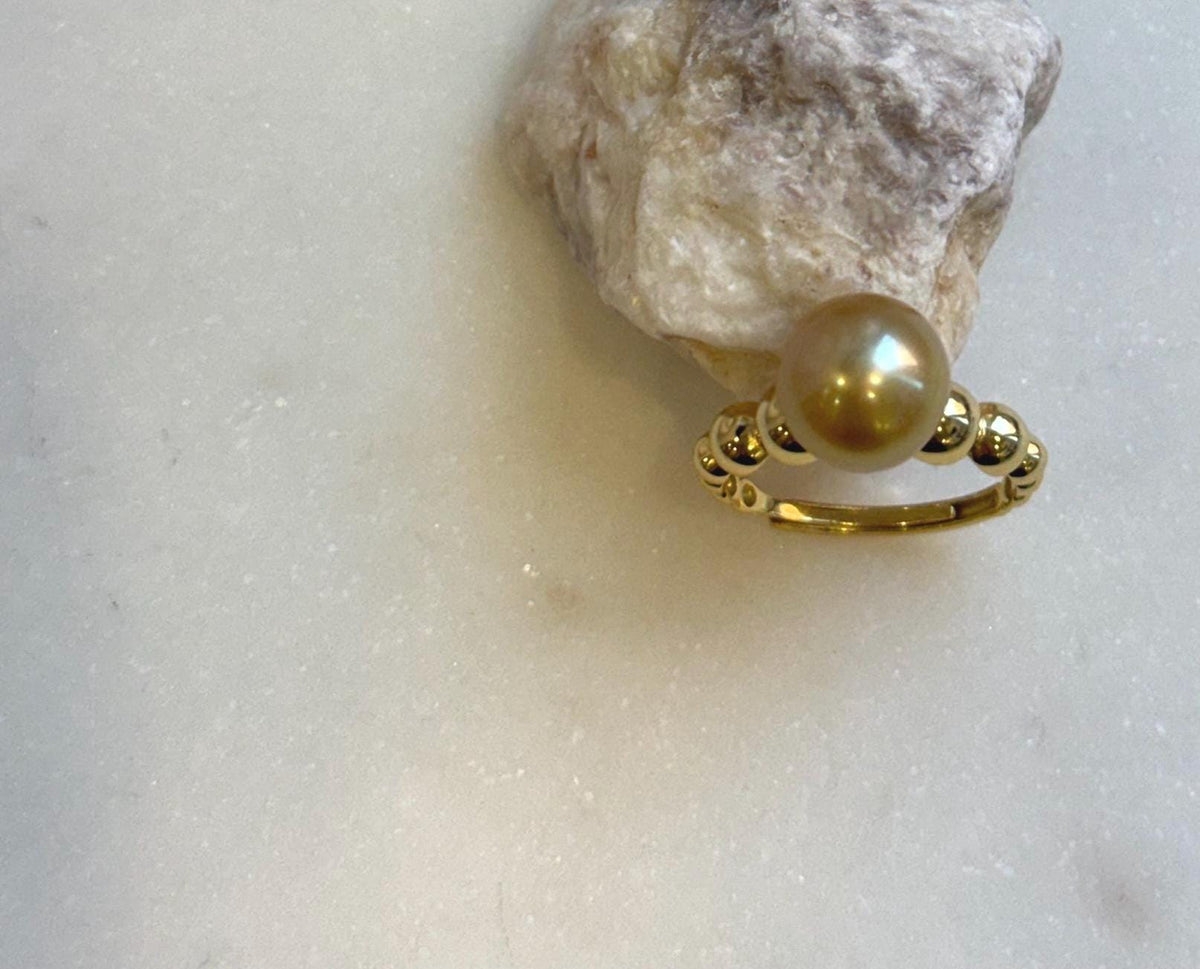 Elly’s 10mm South sea deep Tea gold ocean pearl Ring: Extreme luster, S925 silver with gold plated adjustable minimalist Ring. high quality golden pearl ring for her holiday