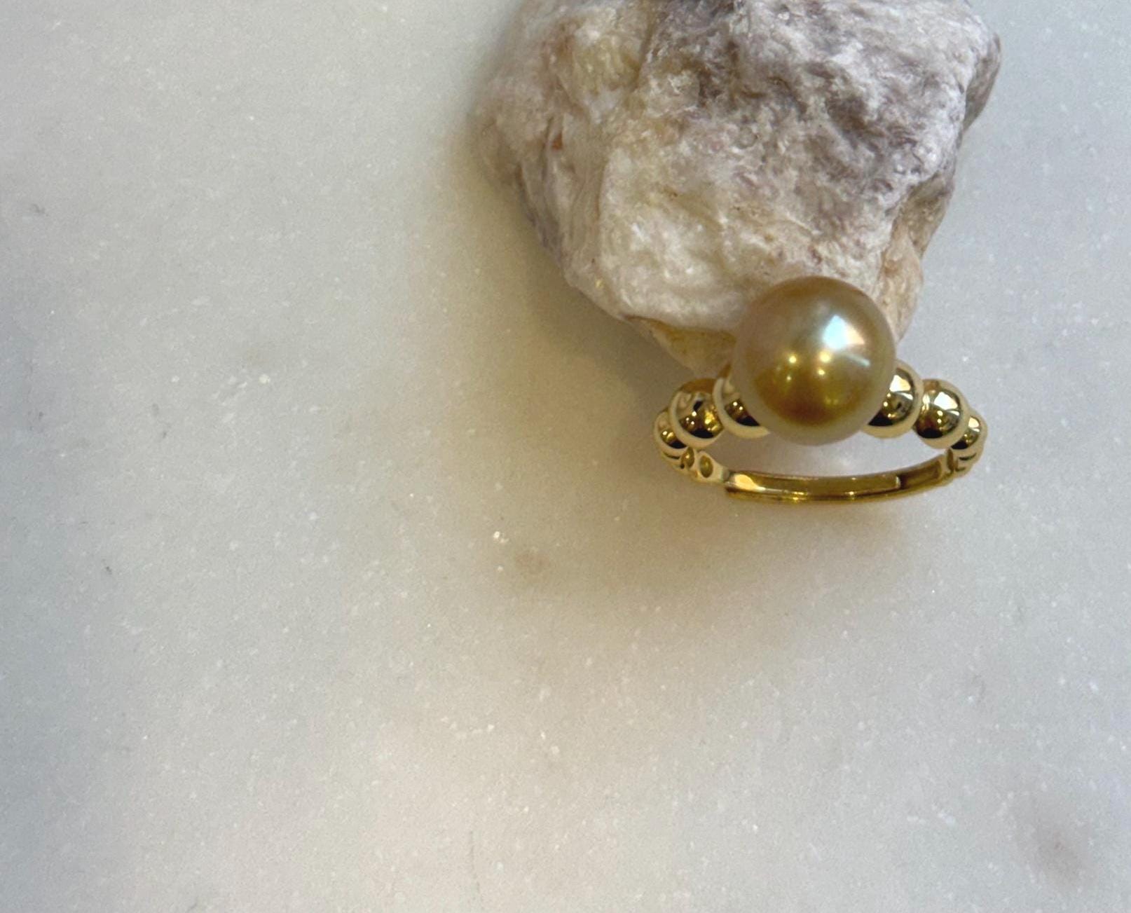 Elly’s 10mm South sea deep Tea gold ocean pearl Ring: Extreme luster, S925 silver with gold plated adjustable minimalist Ring. high quality golden pearl ring for her holiday