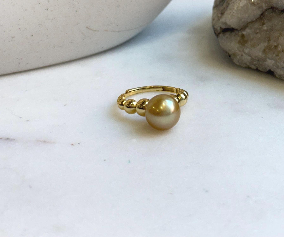 Elly’s 10mm South sea deep Tea gold ocean pearl Ring: Extreme luster, S925 silver with gold plated adjustable minimalist Ring. high quality golden pearl ring for her