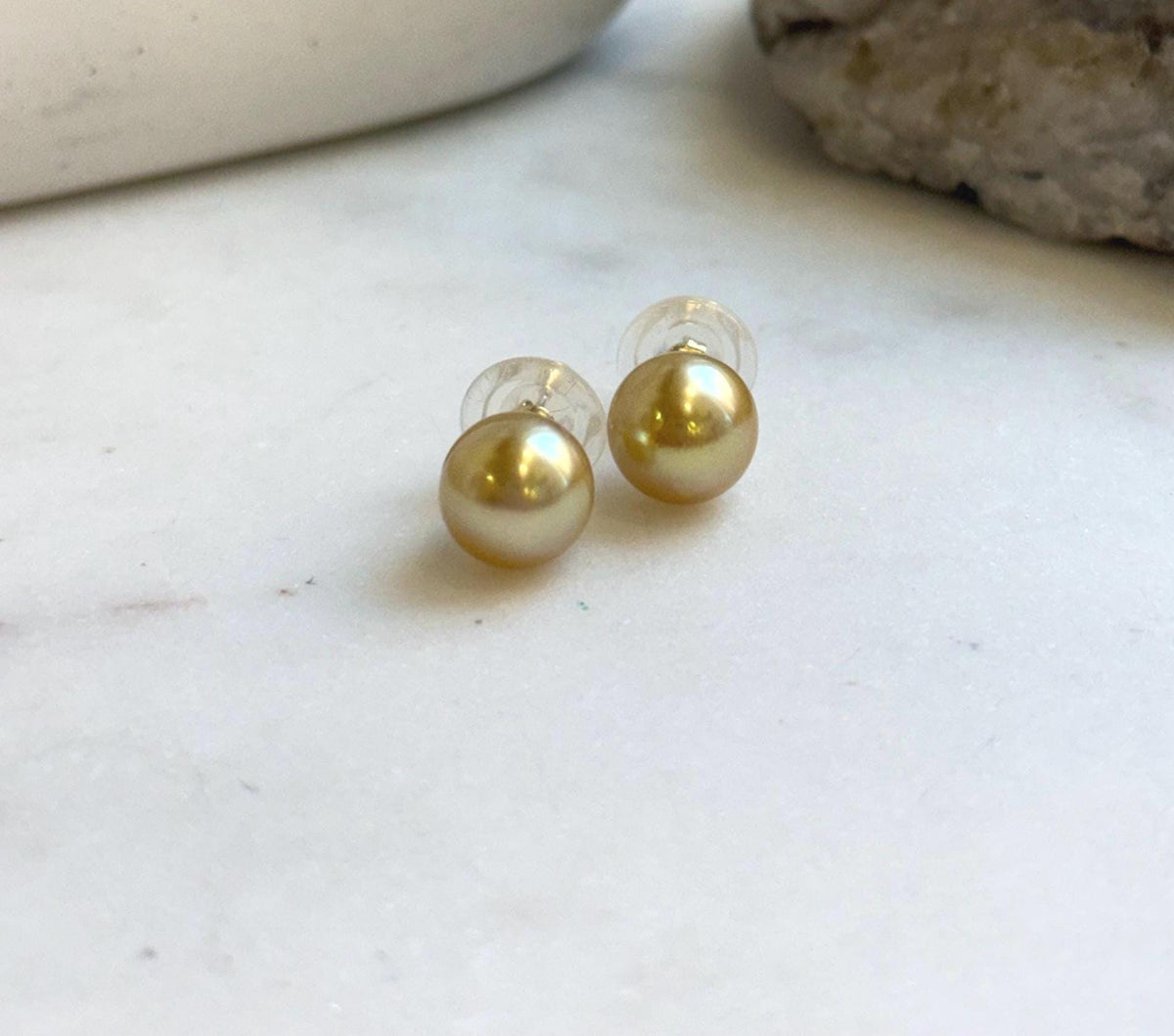 Elly’s 9.7mm Genius natural South sea Deep Tea Gold ocean Pearls Earrings studs: Extreme luster, S925 silver minimalist earrings studs. high quality golden ocean pearl earrings studs for her birthday