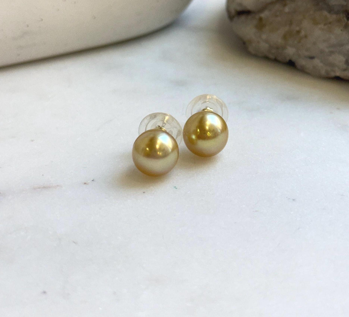 Elly’s 9.7mm Genius natural South sea Deep Tea Gold ocean Pearls Earrings studs: Extreme luster, S925 silver minimalist earrings studs. high quality golden ocean pearl earrings studs for her daily office wear