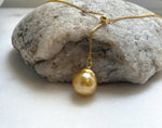 Elly’s 12.2mm Genius South sea deep tea golden ocean pearl Pendant: Extreme luster mirrored, to 17.3”, s925 silver Y-Lariat chain set.