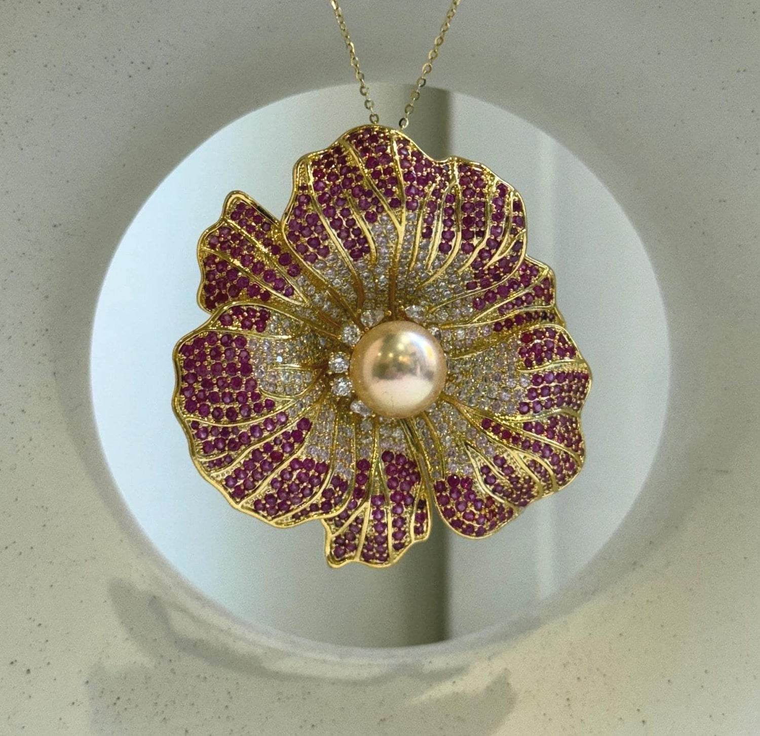 Elly’s 11.7mm Edison peach gold pearl Floral brooch pendant 2in1: Extreme luster mirrored, 5.5cm dia. large pearl brooch for her birthday