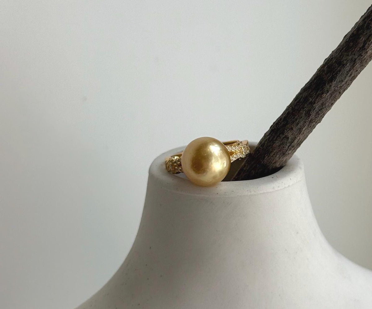 Elly’s 10.4mm South sea deep tea gold ocean pearl Ring: Extreme luster, S925 silver with gold plated adjustable minimalist Ring. daily office golden pearl ring for her anniversary