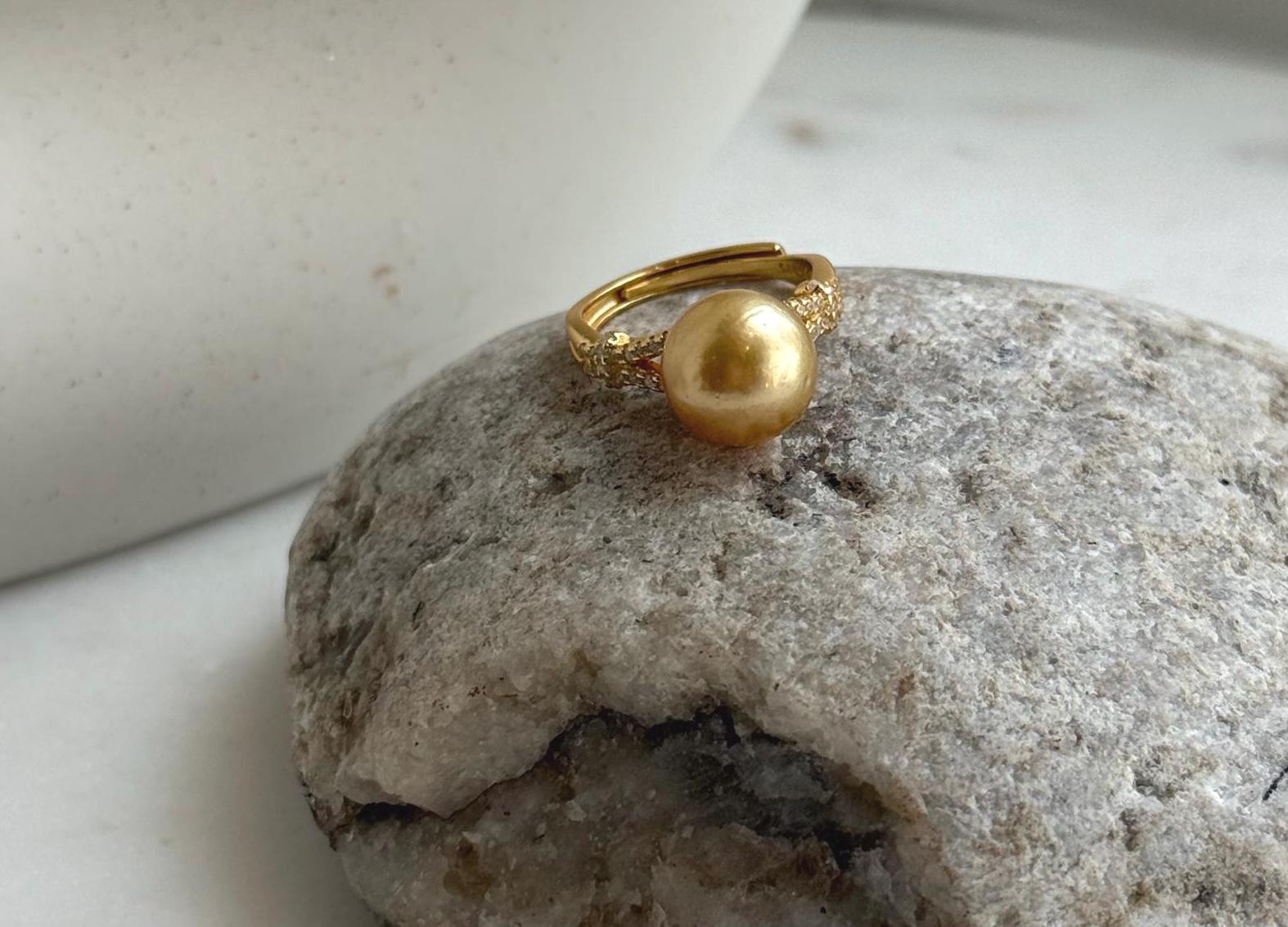 Elly’s 10.4mm South sea deep tea gold ocean pearl Ring: Extreme luster, S925 silver with gold plated adjustable minimalist Ring. daily office golden pearl ring for her holiday