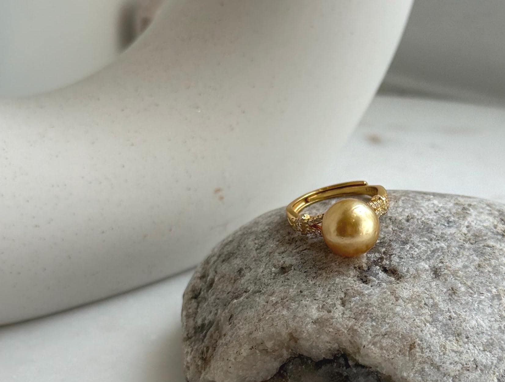 Elly’s 10.4mm South sea deep tea gold ocean pearl Ring: Extreme luster, S925 silver with gold plated adjustable minimalist Ring. daily office golden pearl ring for her