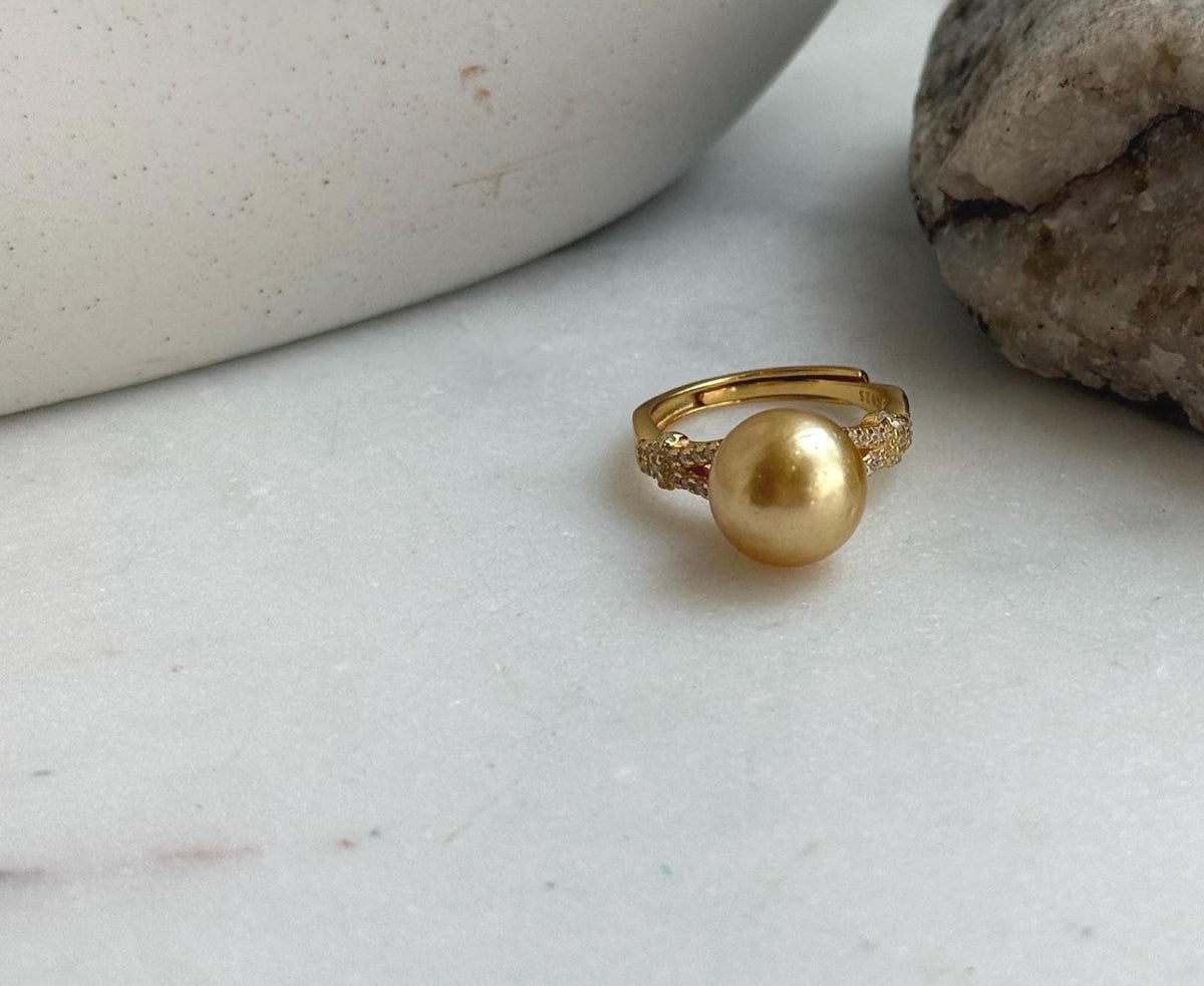 Elly’s 10.4mm South sea deep tea gold ocean pearl Ring: Extreme luster, S925 silver with gold plated adjustable minimalist Ring. daily office golden pearl ring for her