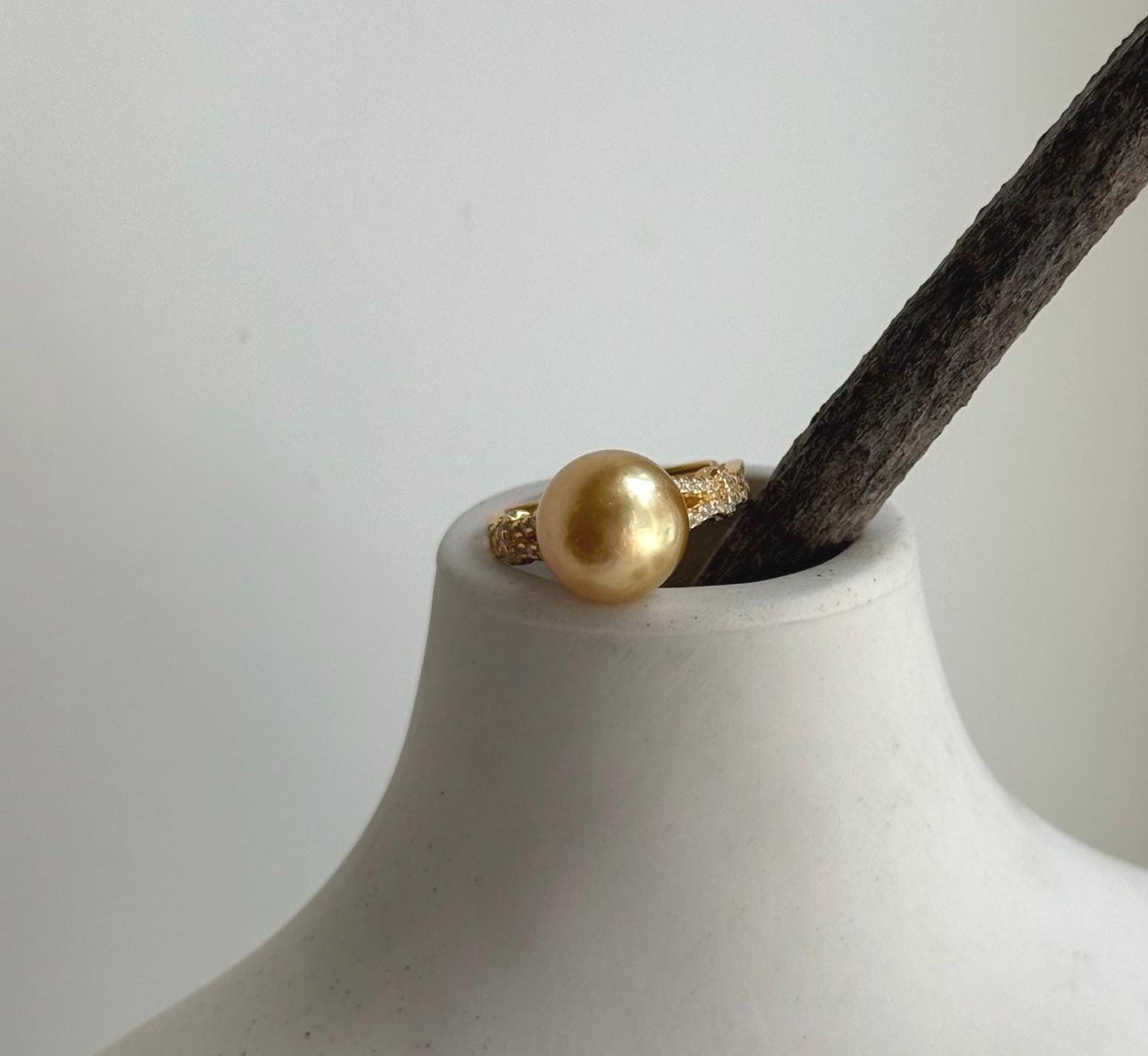 Elly’s 10.4mm South sea deep tea gold ocean pearl Ring: Extreme luster, S925 silver with gold plated adjustable minimalist Ring. daily office golden pearl ring for her