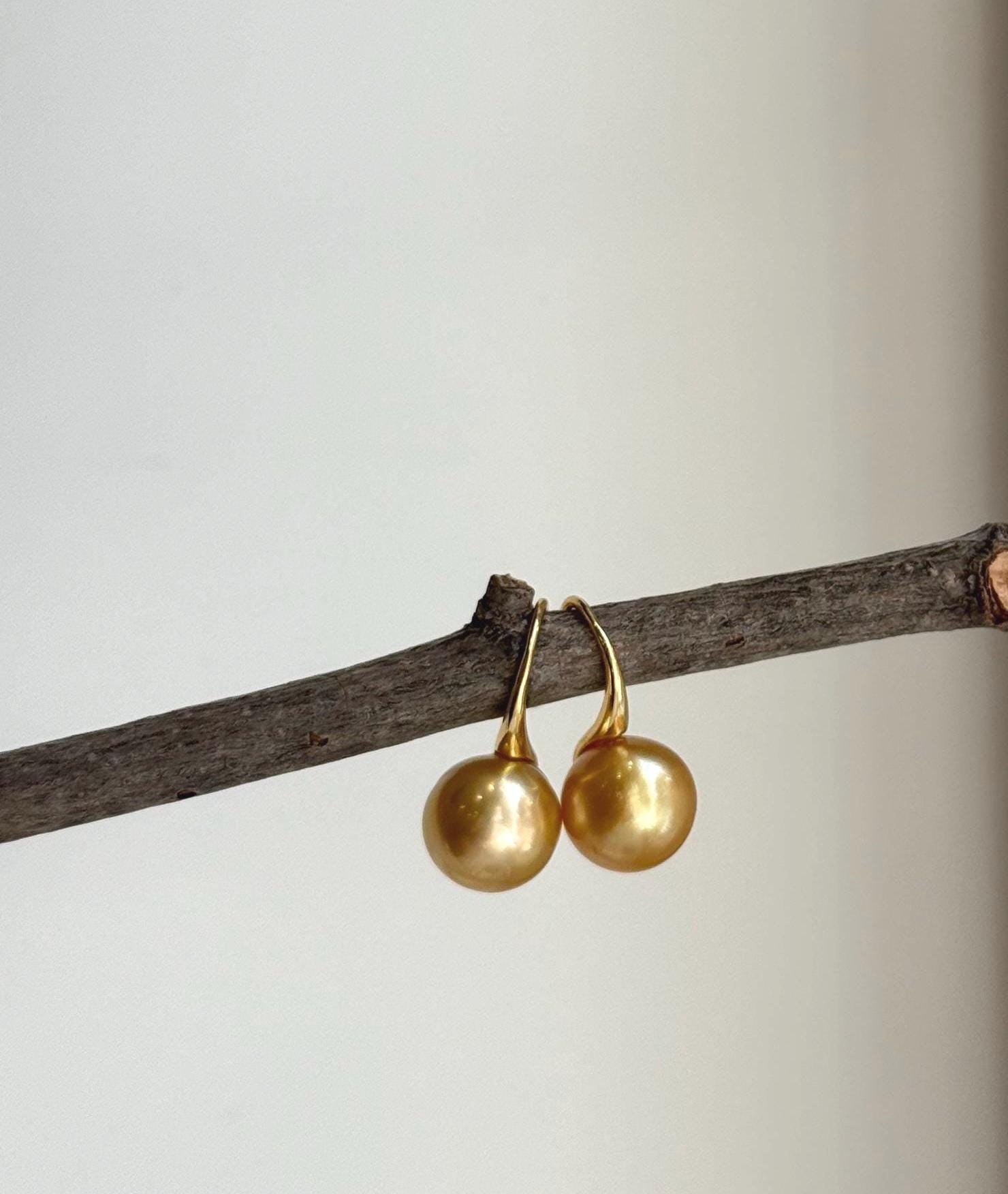 Elly’s South sea deep tea gold ocean pearl High heel earrings hooks: Extreme luster, S925 silver with gold plated minimalist earrings. daily office golden pearl earrings for her anniversary