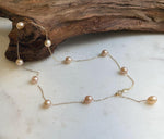Elly’s 10pcs 7-7.8mm Freshwater peach pearls Satellite Necklace: Extreme luster mirrored, S925 silver satellite necklace, to 18.1”.