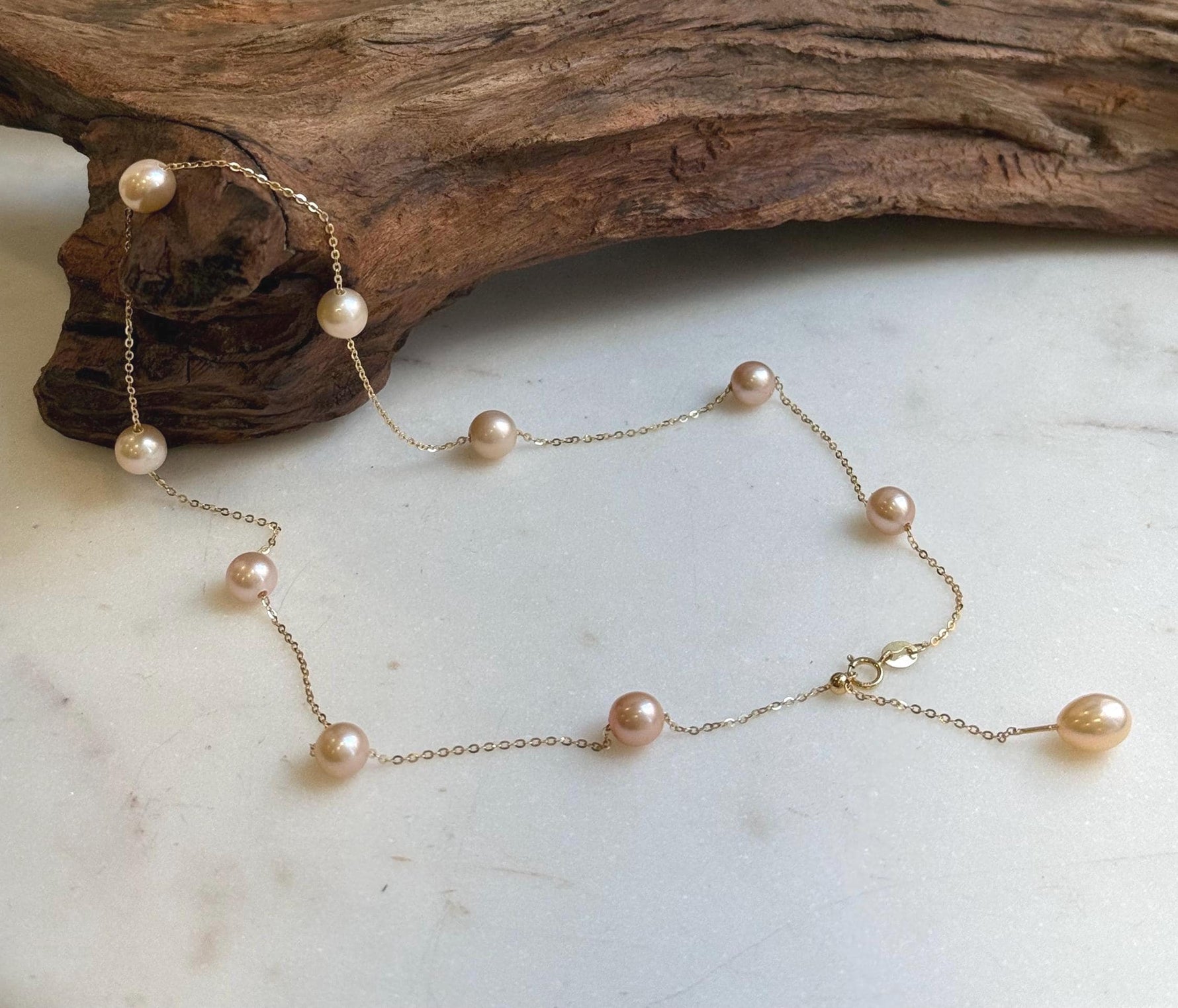 Elly’s 10pcs 7-7.8mm Freshwater peach pearls Satellite Necklace: Extreme luster mirrored, S925 silver satellite necklace, to 18.1”.