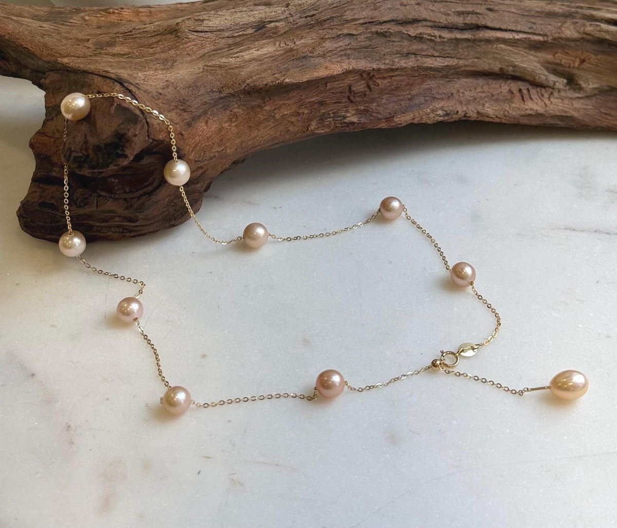Elly’s 10pcs 7-7.8mm Freshwater peach pearls Satellite Necklace: Extreme luster mirrored, S925 silver satellite necklace, to 18.1”.
