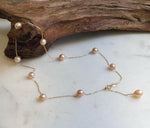Elly’s 10pcs 7-7.8mm Freshwater peach pearls Satellite Necklace: Extreme luster mirrored, S925 silver satellite necklace, to 18.1”.