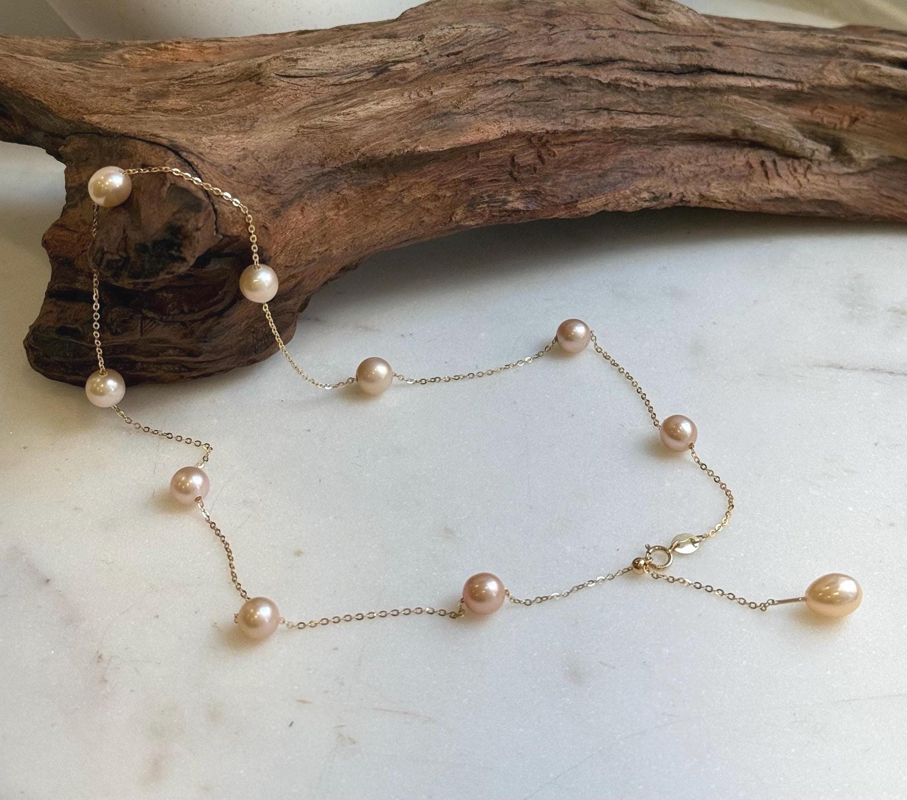 Elly’s 10pcs 7-7.8mm Freshwater peach pearls Satellite Necklace: Extreme luster mirrored, S925 silver satellite necklace, to 18.1”.