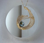 Elly’s Tahitian peacock sage green Ocean Pearl Wave Brooch pendant 2in1: Extreme luster mirrored, 10.4mm, daily office black ocean pearl brooch for her anniversary