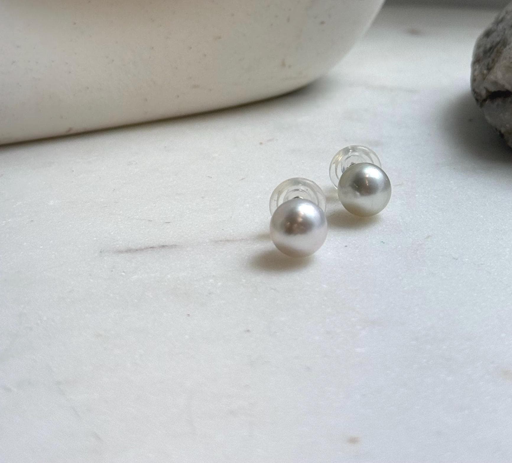 Elly’s 9.6mm Australian ocean white Pearls earrings studs: Extreme luster mirrored, s925 silver minimalist earrings.