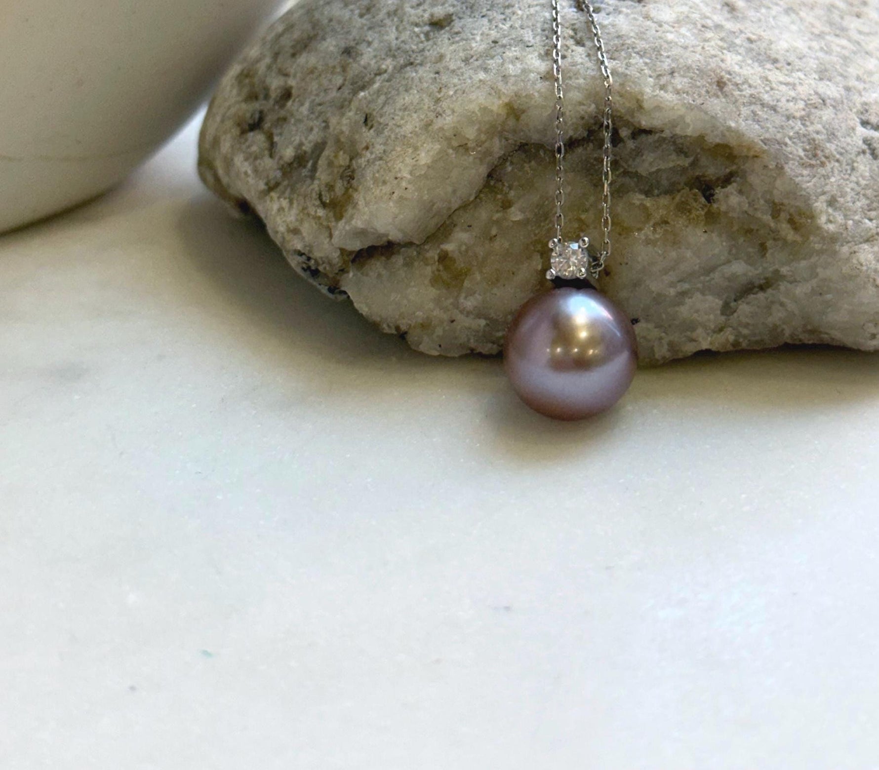 Elly’s 12.7mm Huge Edison Rose Mauve Pearl Minimalist Pendant: Extreme luster mirrored, 1.7cm high, s925 silver pendant necklace set. daily office high quality pearl pendant for her wedding