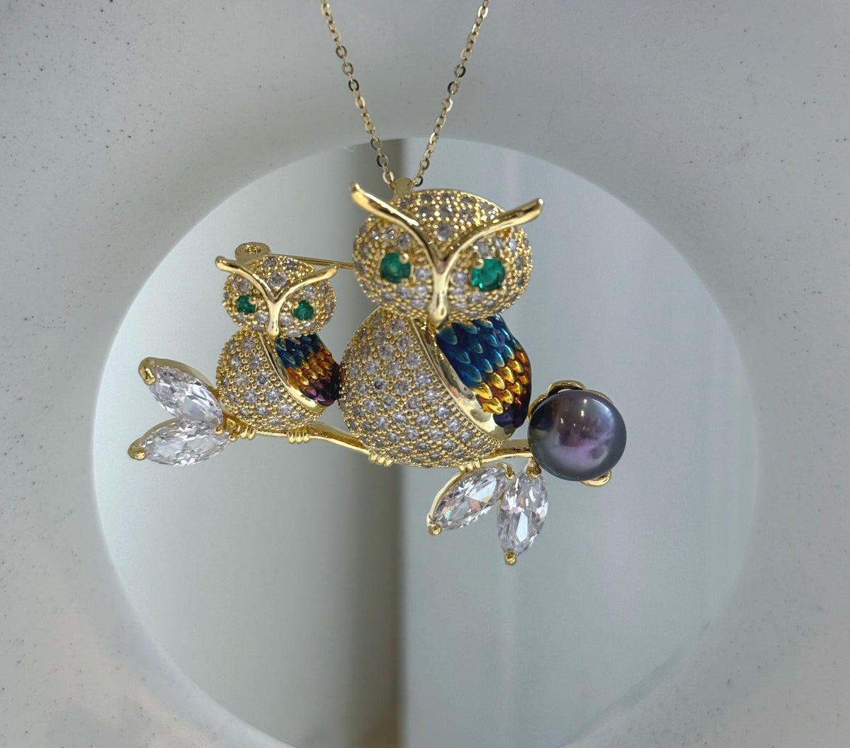 Elly’s Edison Pearl Owl Brooch pendant 2in1: Extreme luster mirrored, 10.2mm