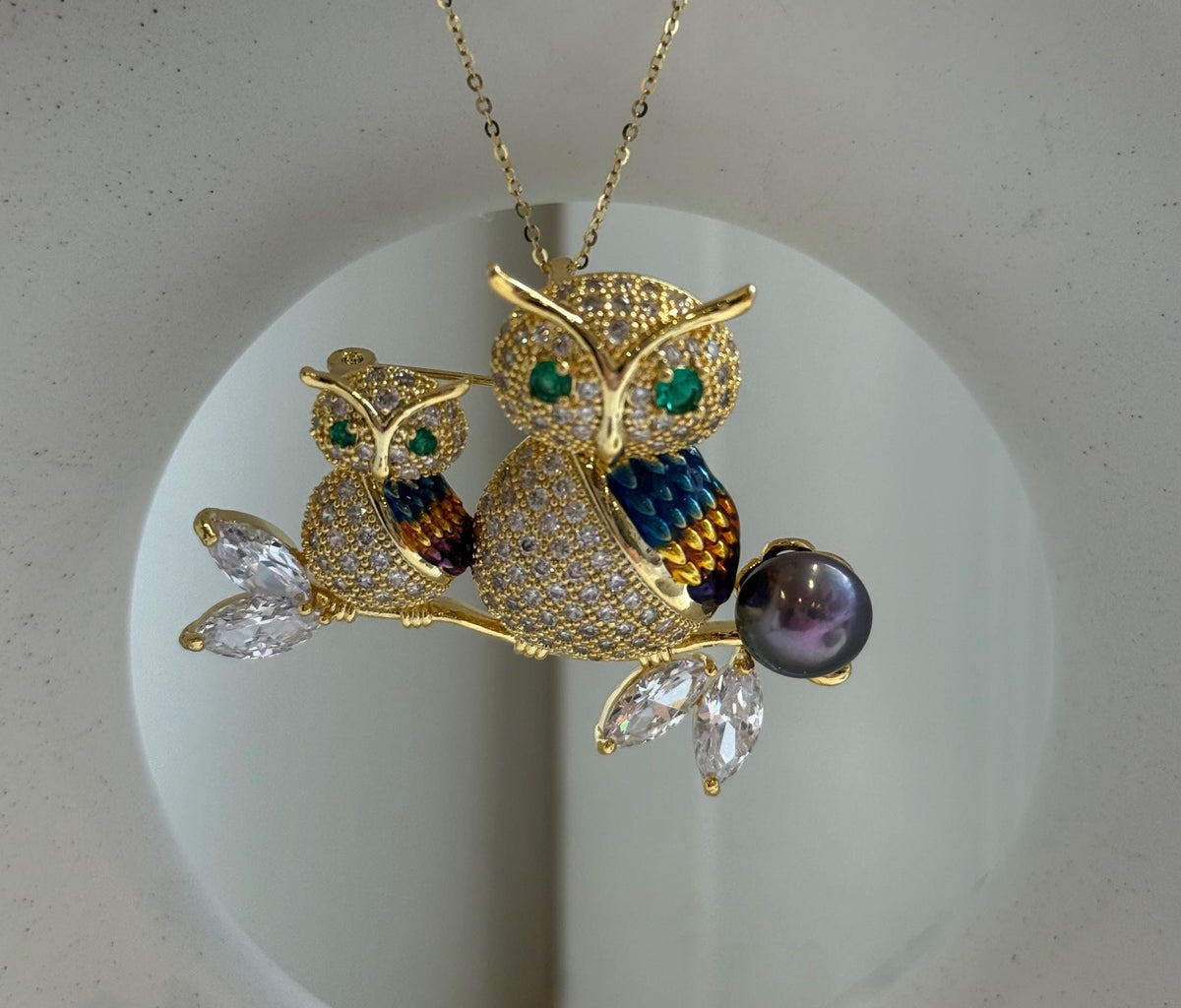 Elly’s Edison Pearl Owl Brooch pendant 2in1: Extreme luster mirrored, 10.2mm