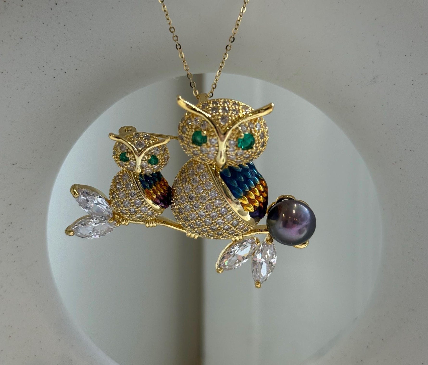 Elly’s Edison Pearl Owl Brooch pendant 2in1: Extreme luster mirrored, 10.2mm