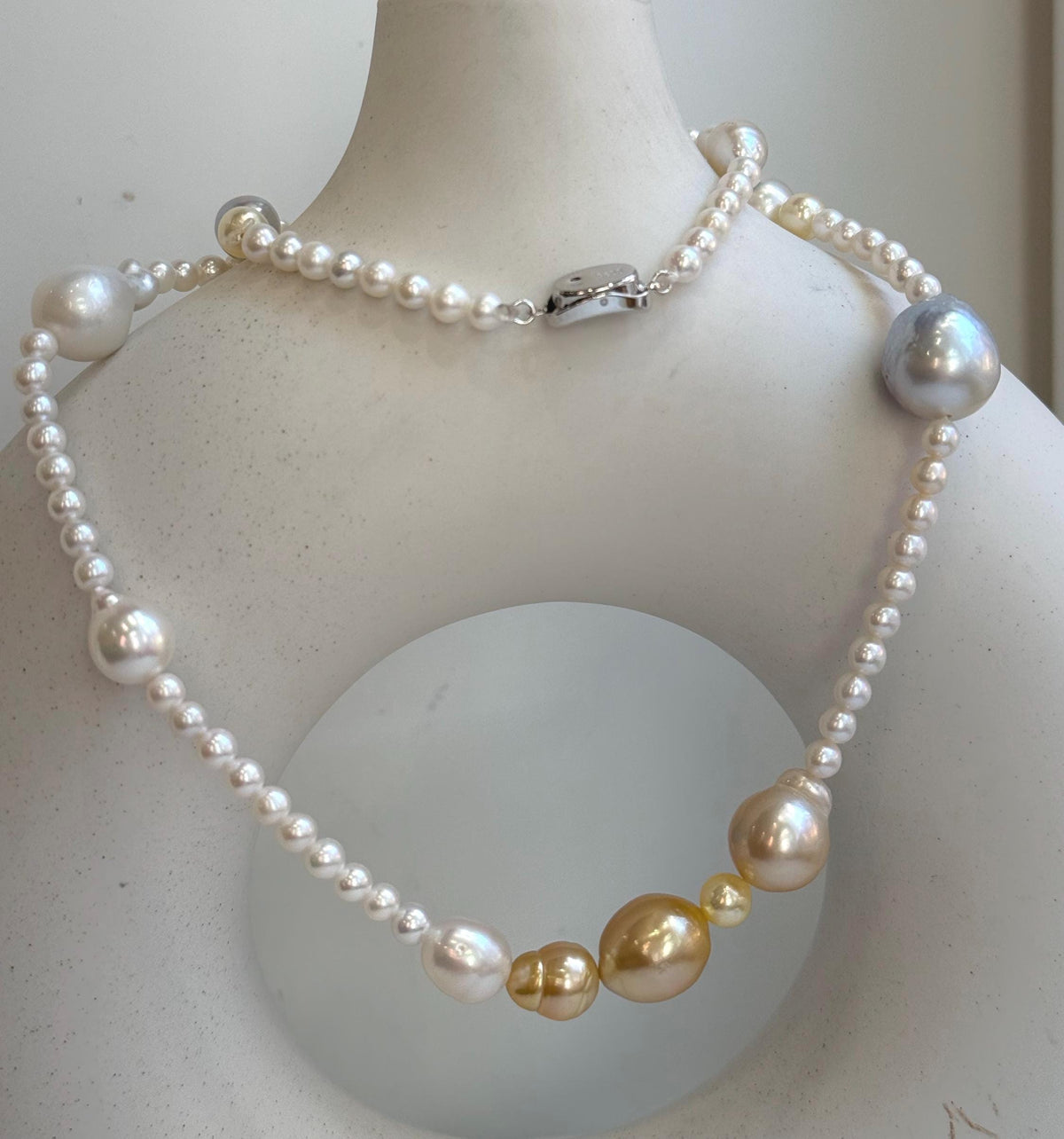 Elly’s Multicolor ocean white Freshwater pearls necklace:Extreme luster mirrored, 22.2”, S925 silver necklace strand.