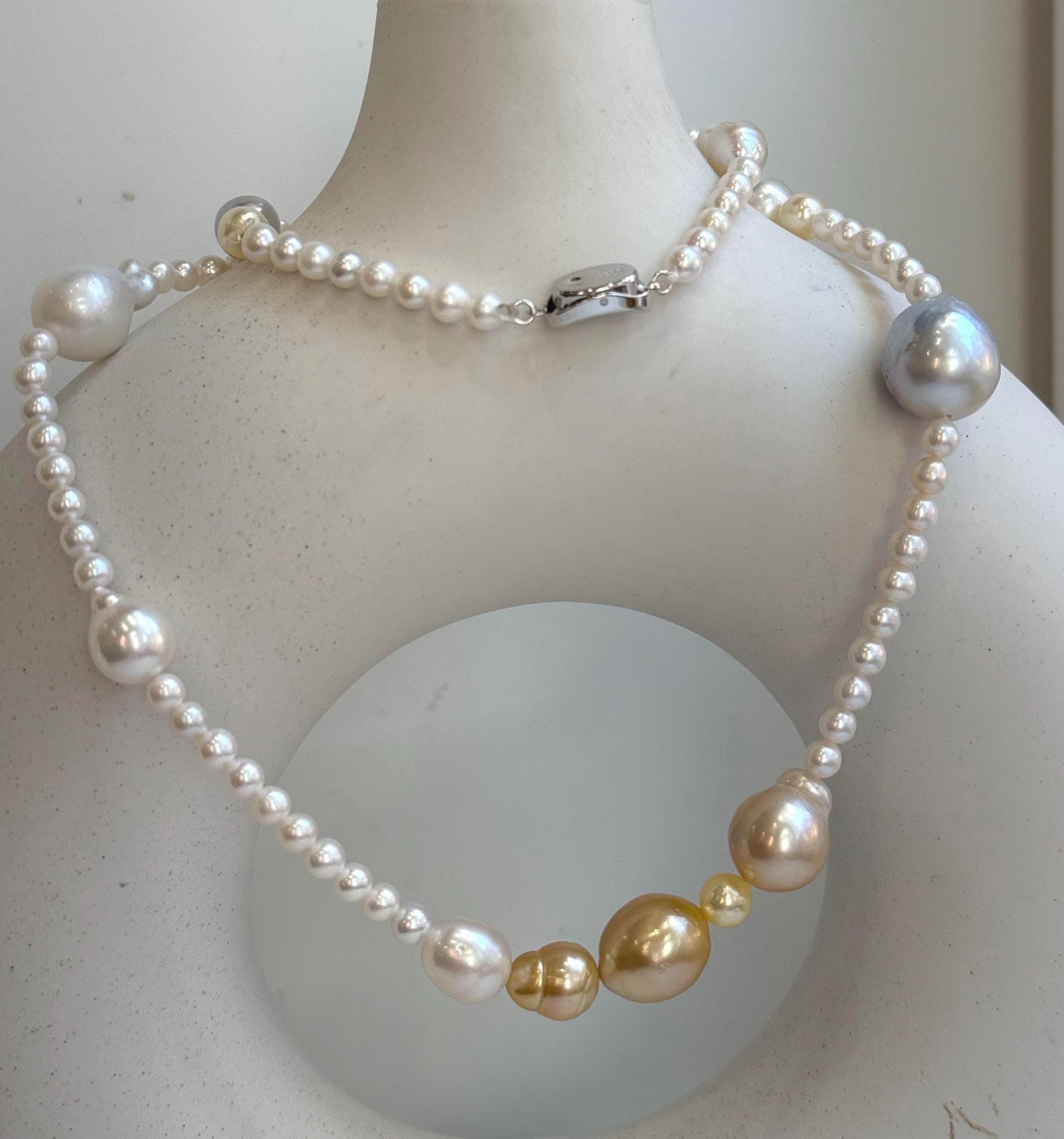 Elly’s Multicolor ocean white Freshwater pearls necklace:Extreme luster mirrored, 22.2”, S925 silver necklace strand.