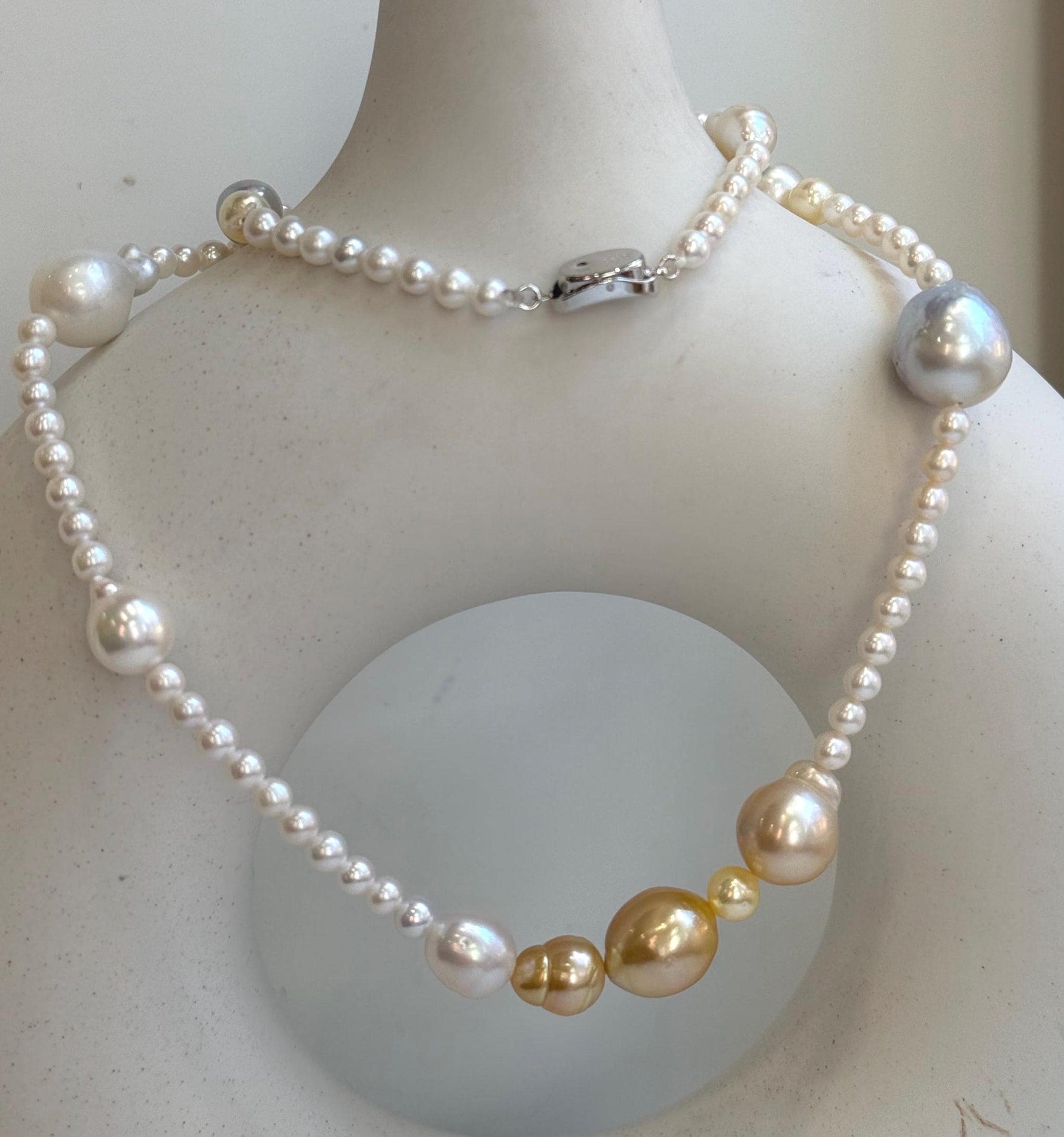 Elly’s Multicolor ocean white Freshwater pearls necklace:Extreme luster mirrored, 22.2”, S925 silver necklace strand.daily office multicolor ocean pearls necklace strand for her party