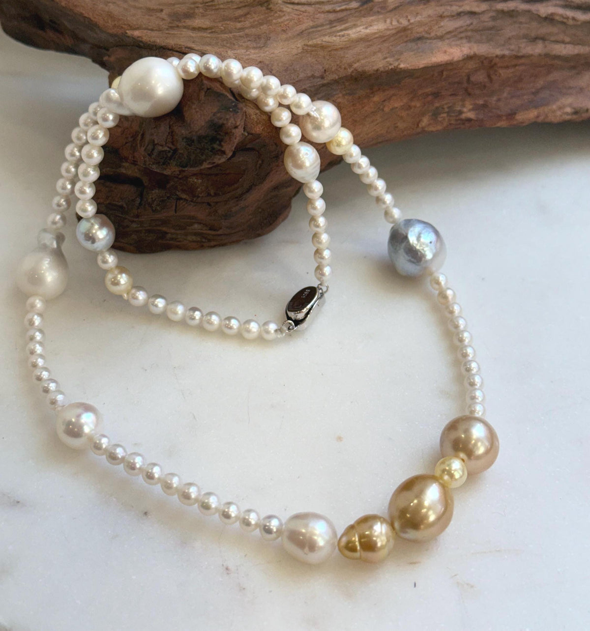 Elly’s Multicolor ocean white Freshwater pearls necklace:Extreme luster mirrored, 22.2”, S925 silver necklace strand.daily office multicolor ocean pearls necklace strand for her