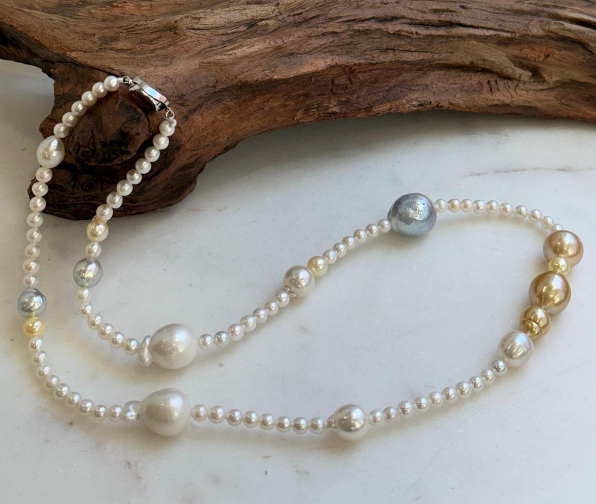 Elly’s Multicolor ocean white Freshwater pearls necklace:Extreme luster mirrored, 22.2”, S925 silver necklace strand.daily office multicolor ocean pearls necklace strand for her retirement