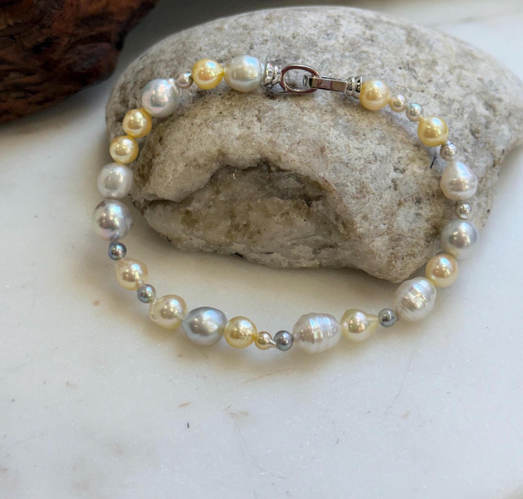 Elly’s Multicolor Ocean Pearls Bracelet: Extreme luster, Australian White Akoya ocean Pearls, 3.5-8.6, 8.3”, S925 silver bracelet.