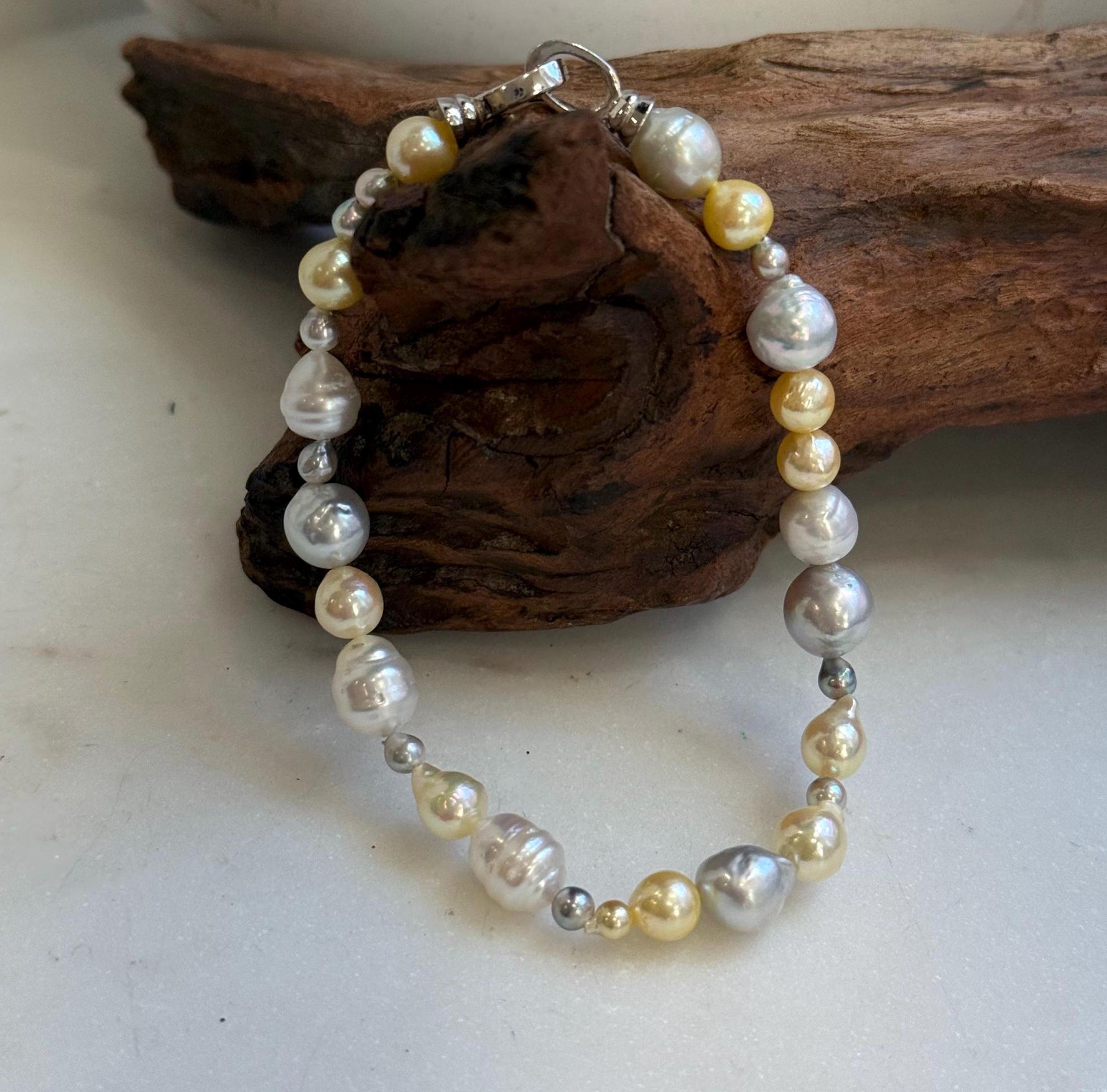 Elly’s Multicolor Ocean Pearls Bracelet: Extreme luster, Australian White Akoya ocean Pearls, 3.5-8.6, 8.3”, S925 silver bracelet.