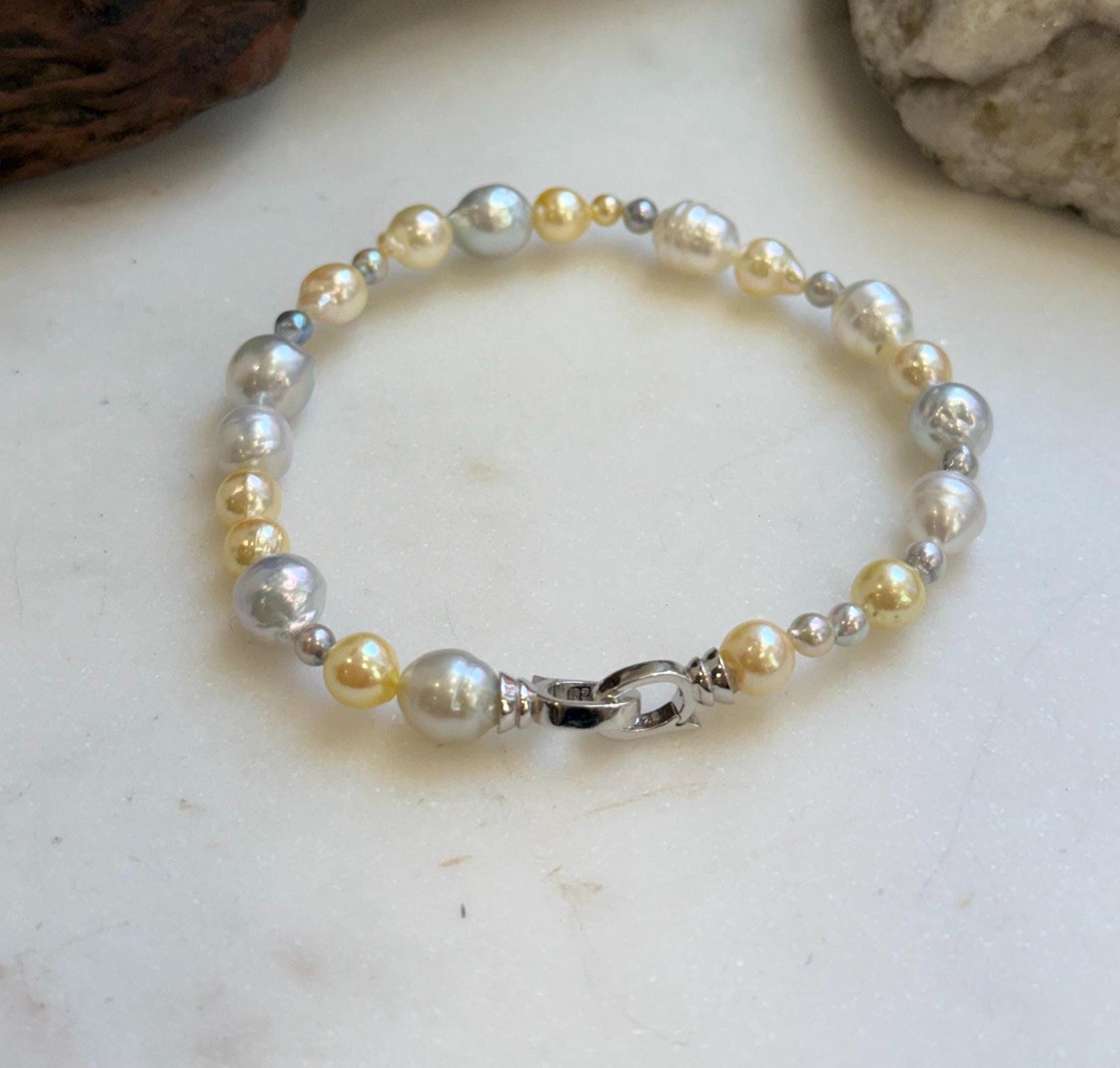 Elly’s Multicolor Ocean Pearls Bracelet: Extreme luster, Australian White Akoya ocean Pearls, 3.5-8.6, 8.3”, S925 silver bracelet.