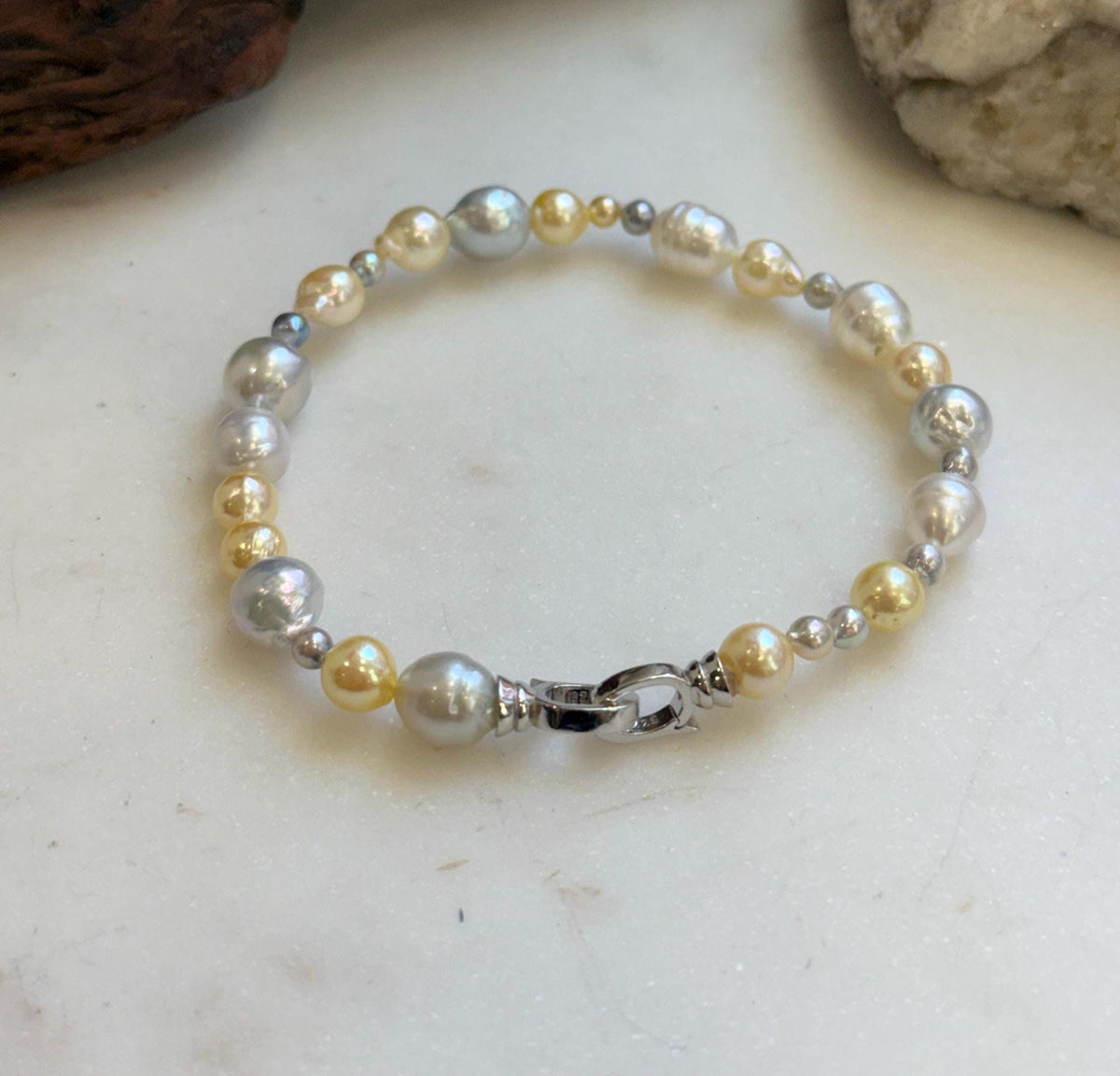Elly’s Multicolor Ocean Pearls Bracelet: Extreme luster, Australian White Akoya ocean Pearls, 3.5-8.6, 8.3”, S925 silver bracelet.