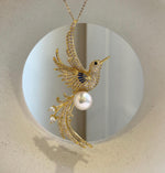 Elly’s Edison white Pearl Bird Brooch Pendant 2in1: Extreme luster mirrored, 11mm, 3.5x7cm, daily office brooch for her