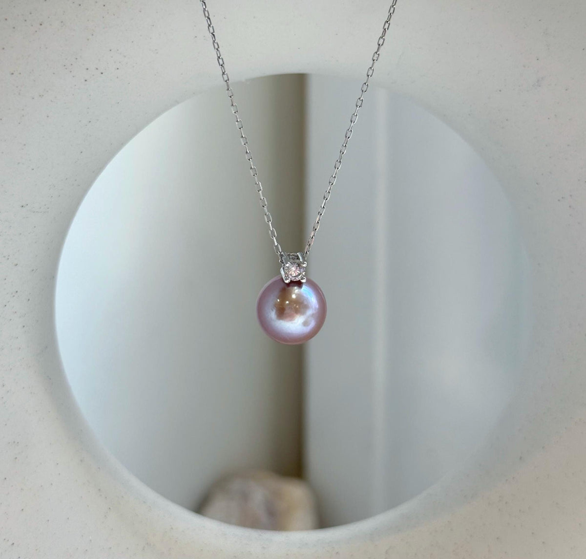 Elly’s 10.3mm Edison Rose Mauve Pearl Pendant: Extreme luster, 1.4cm high, s925 silver minimalist pendant necklace set.