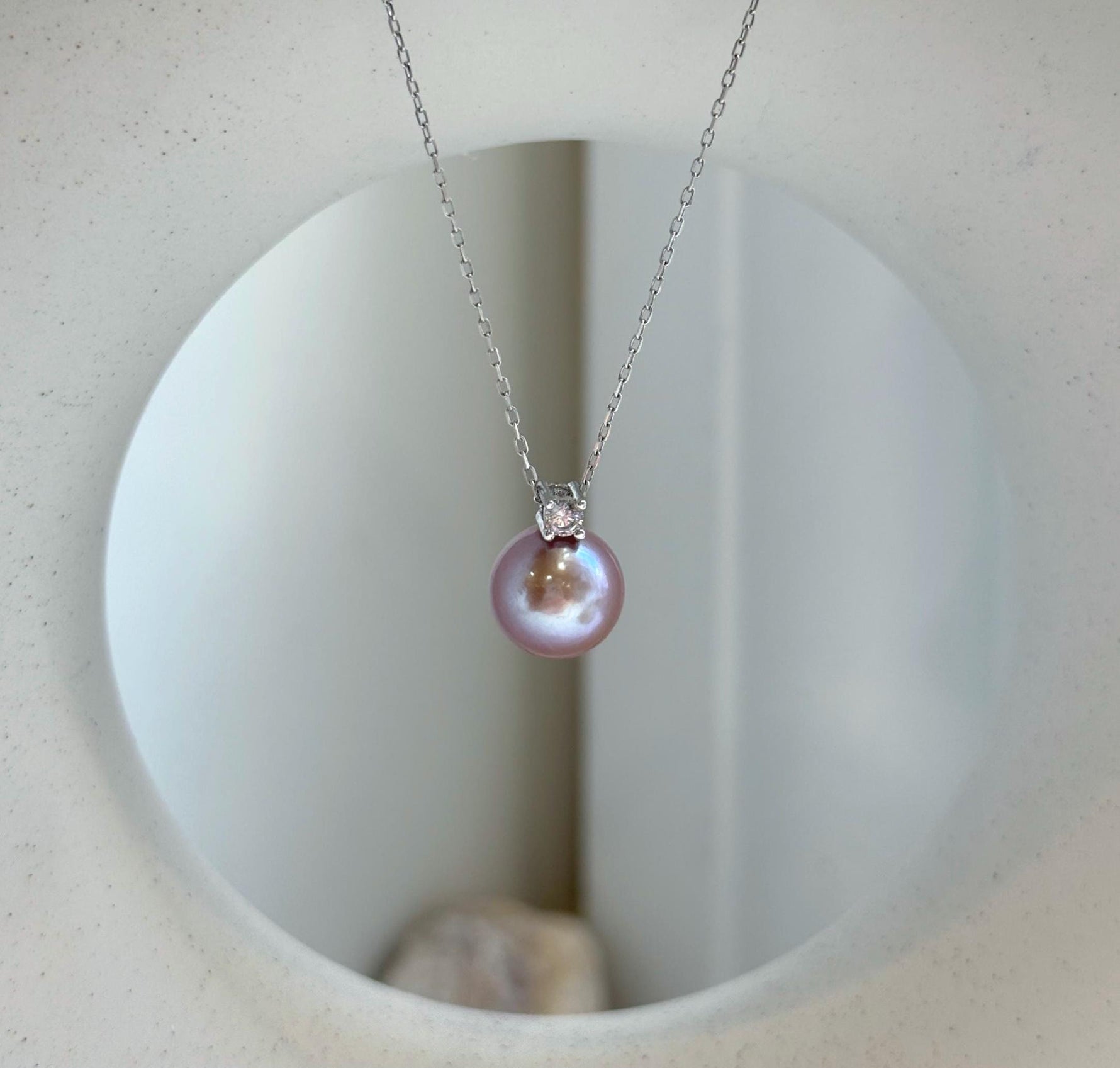 Elly’s 10.3mm Edison Rose Mauve Pearl Pendant: Extreme luster, 1.4cm high, s925 silver minimalist pendant necklace set.