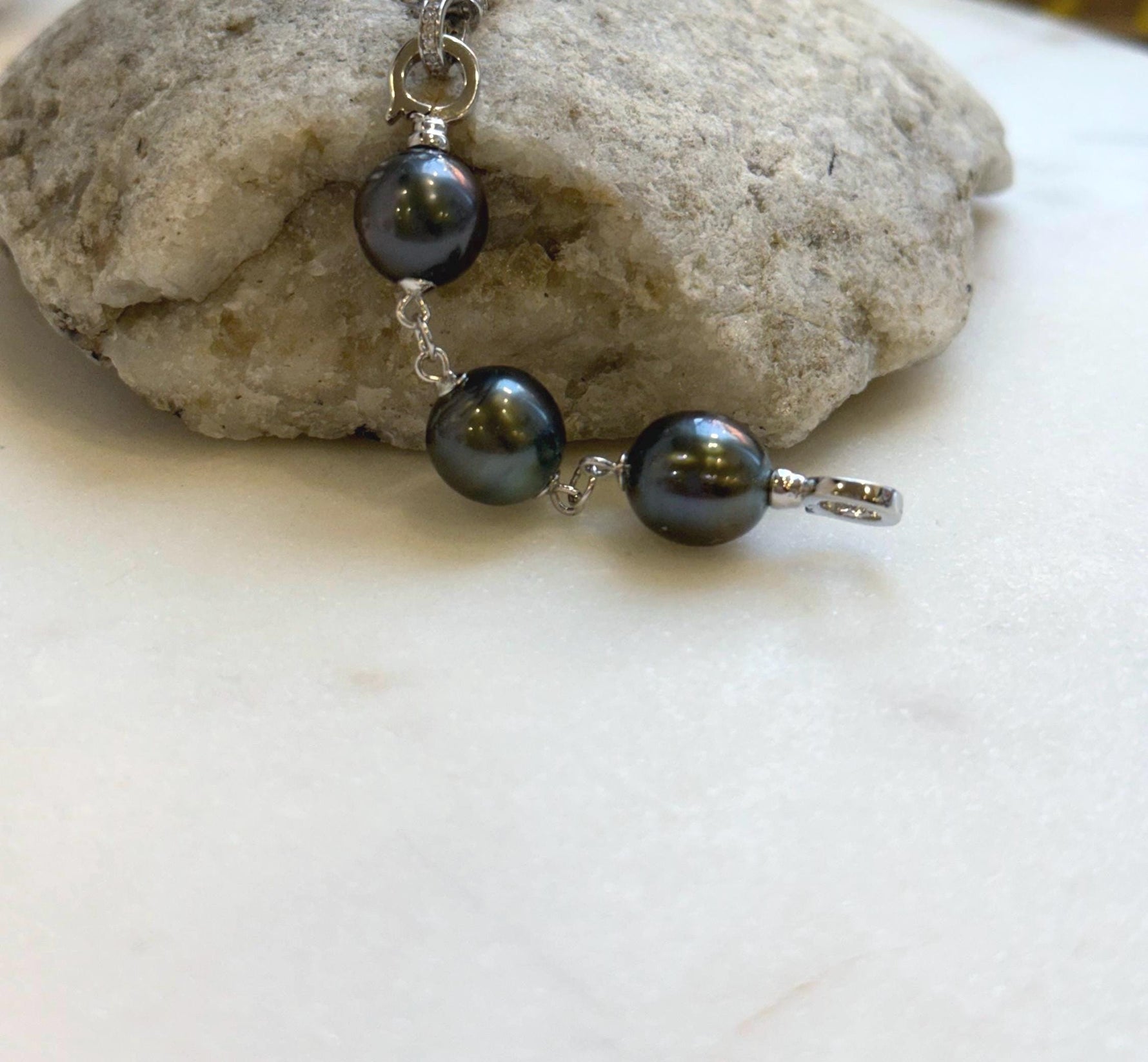 Elly’s 3pcs Tahitian Ocean Pearls Necklace extended chain: 10.3-10.6mm, 3” long, S925 silver chain.