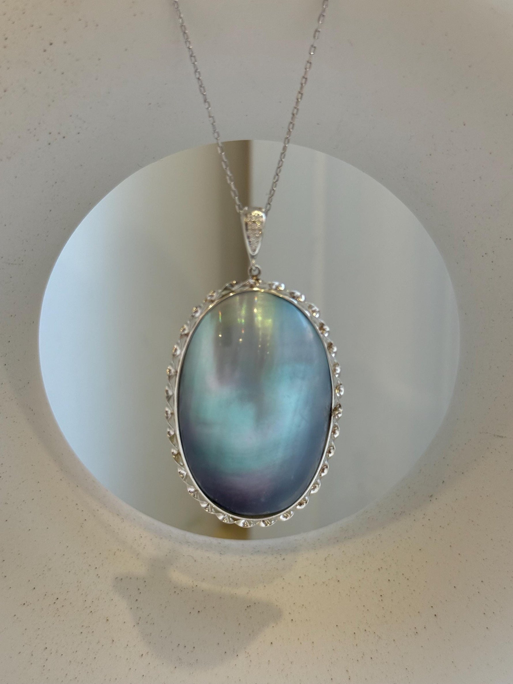 Elly’s Blue iridescent Huge Ocean Mabe Pendant: Extreme luster, 2.9x5.3cm, S925 silver pendant. high quality ocean Mabe pearls pendant for her party
