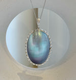 Elly’s Blue iridescent Huge Ocean Mabe Pendant: Extreme luster, 2.9x5.3cm, S925 silver pendant. high quality ocean Mabe pearls pendant for her