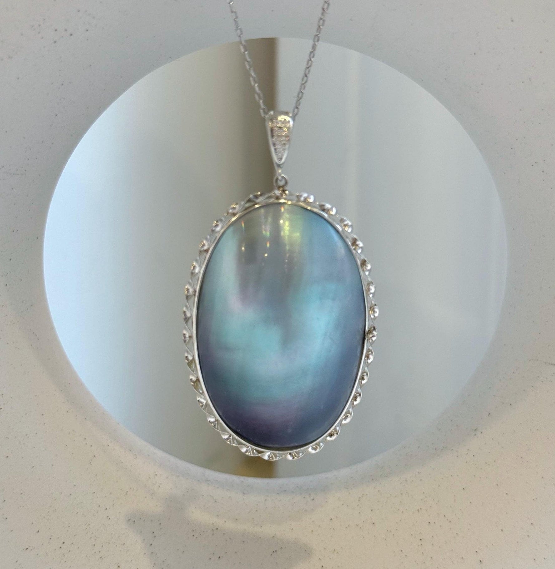 Elly’s Blue iridescent Huge Ocean Mabe Pendant: Extreme luster, 2.9x5.3cm, S925 silver pendant. high quality ocean Mabe pearls pendant for her anniversary