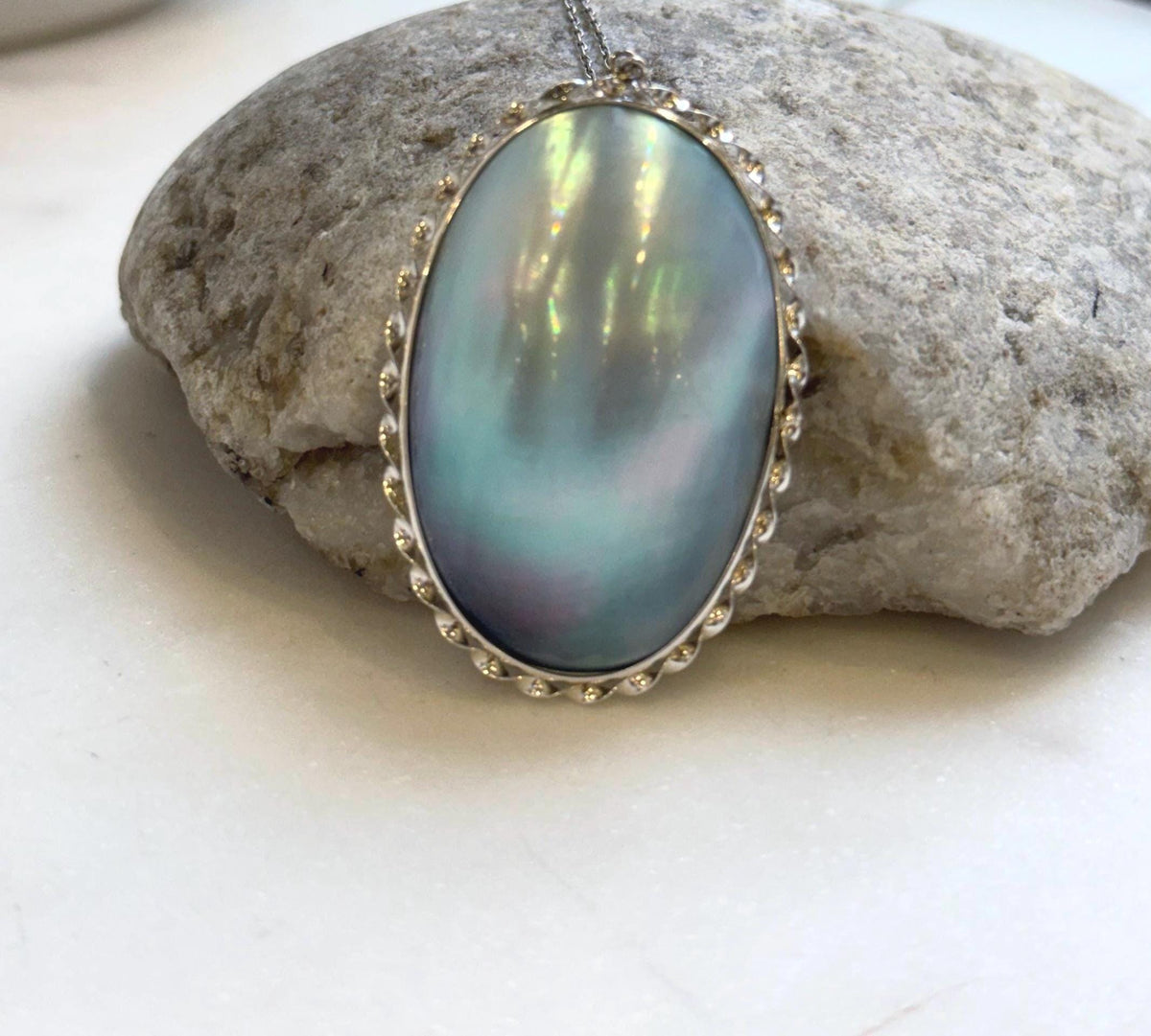 Elly’s Blue iridescent Huge Ocean Mabe Pendant: Extreme luster, 2.9x5.3cm, S925 silver pendant. high quality ocean Mabe pearls pendant for her holiday