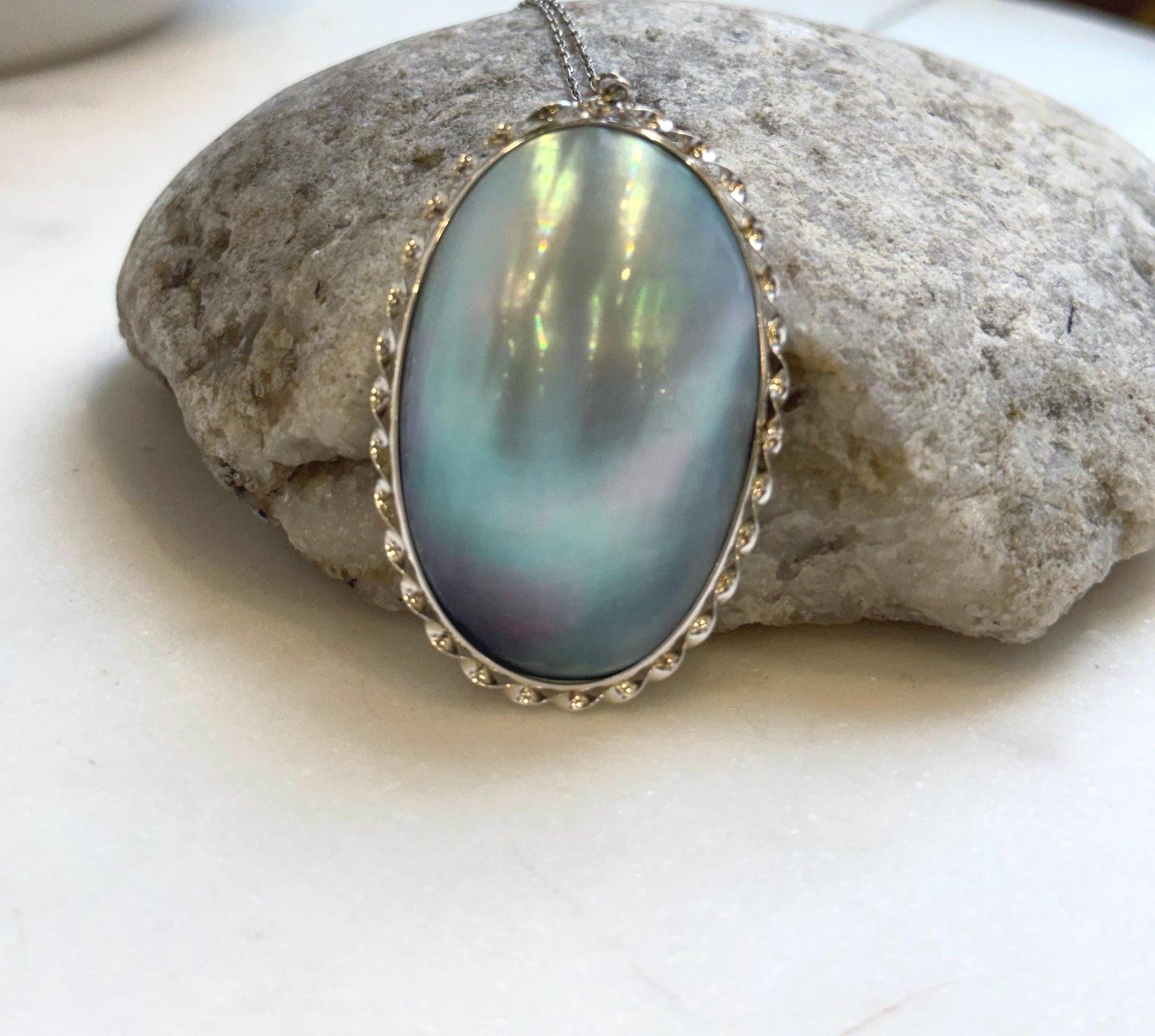 Elly’s Blue iridescent Huge Ocean Mabe Pendant: Extreme luster, 2.9x5.3cm, S925 silver pendant. high quality ocean Mabe pearls pendant for her Mother’s Day gift
