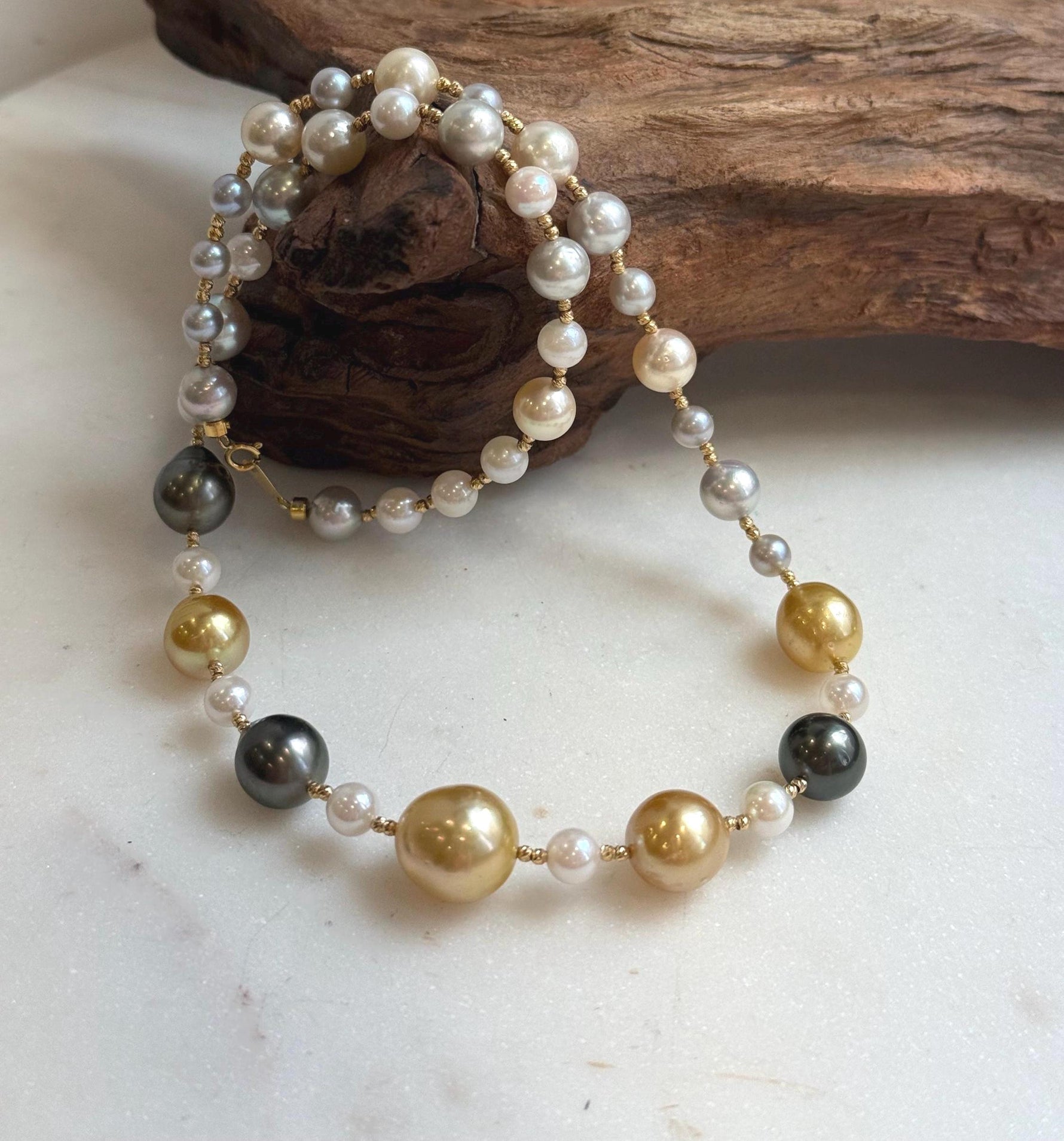 Elly’s Au750 18K gold 43pcs Multicolor ocean pearls necklace choker: Extreme luster mirrored, 17.6”, 18k gold necklace strand.