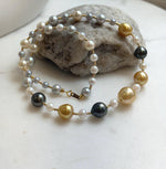 Elly’s Au750 18K gold 43pcs Multicolor ocean pearls necklace choker: Extreme luster mirrored, 17.6”, 18k gold necklace strand.